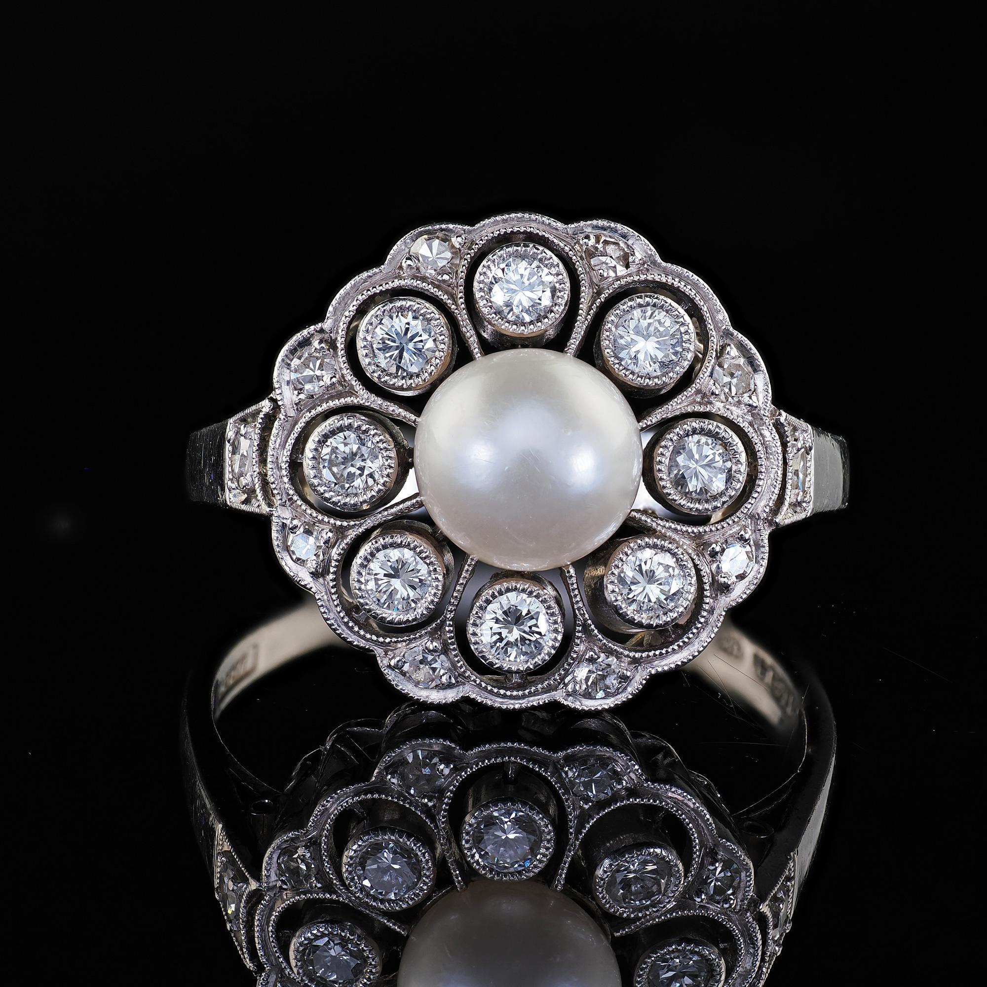 Vintage Retro Platinum Pearl and Old Cut Diamond Filigree Cocktail Ring For Sale 2
