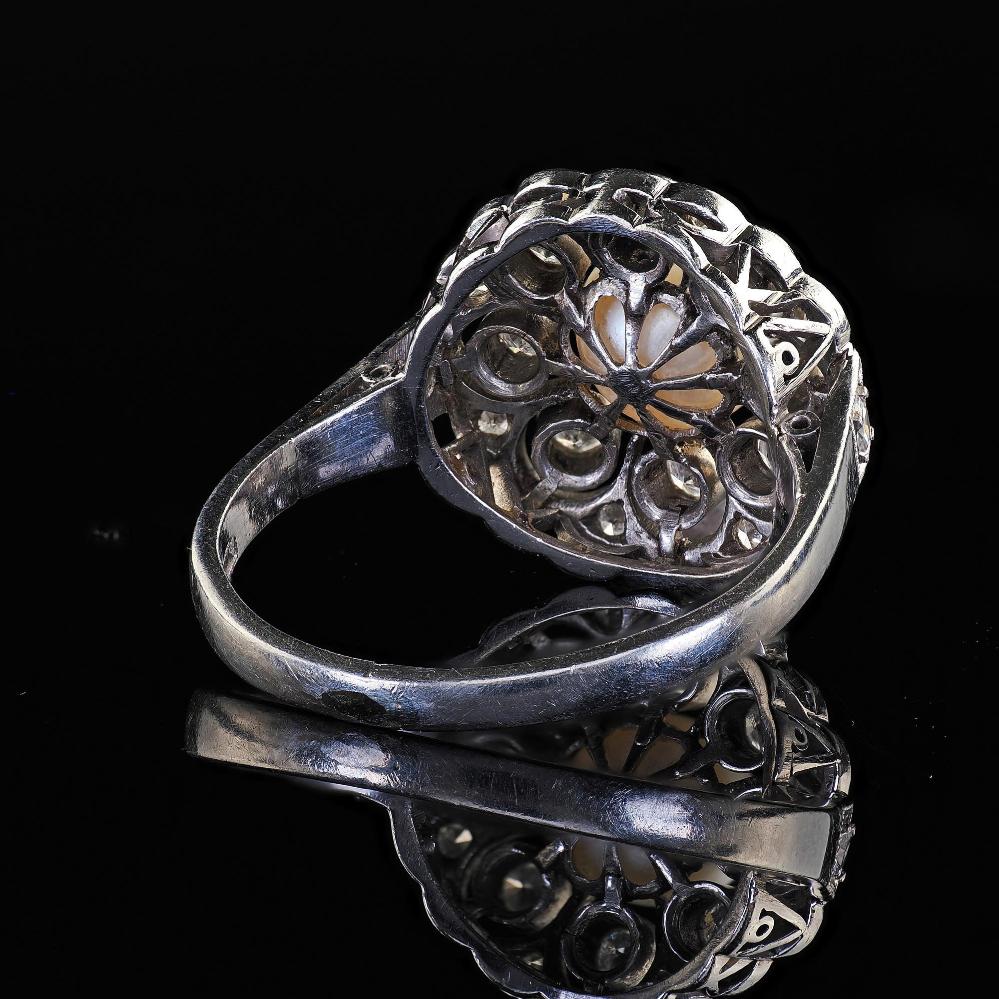 Vintage Retro Platinum Pearl and Old Cut Diamond Filigree Cocktail Ring For Sale 3