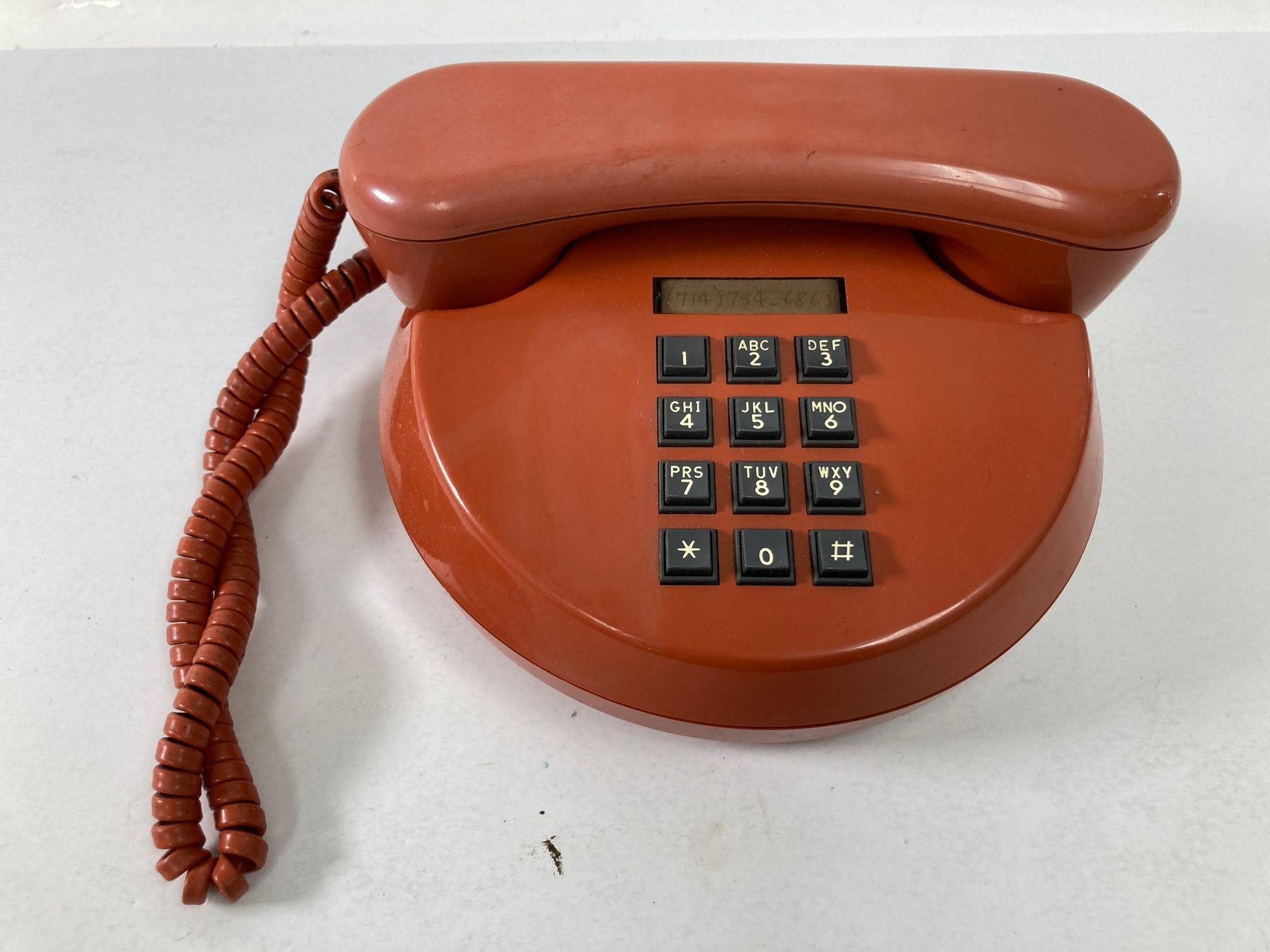 Hand-Carved Vintage Retro Push-Button Round Telephone Burnt Orange Color from the, 70s