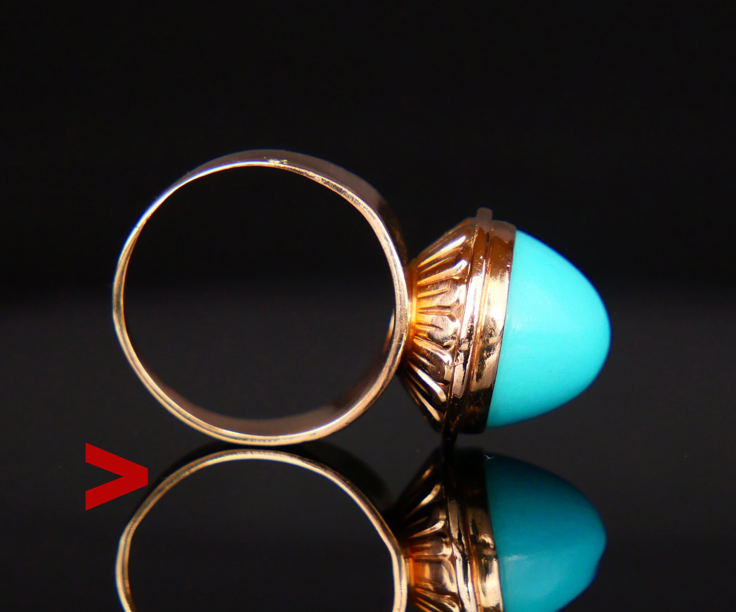 A ring from ca. 1930 -1960s in solid 18K Yellow Gold with bezel set natural fine Persian Turquoise stone cut cabochon measuring Ø 12 mm x 10 mm deep / ca. 10 ct.

Beautifully shaped and polished stone of vibrant Blue color :)

European, with