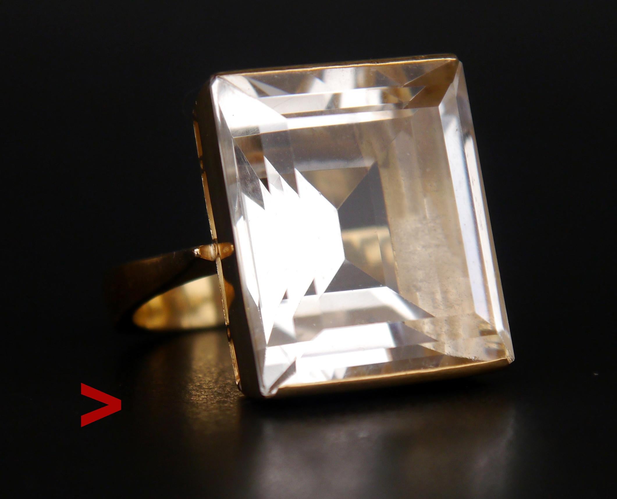 Beautiful ca.1930s - 1950s Swedish Ring featuring huge natural Rock Crystal or colorless Quartz stone.

The band and crown in solid 18ct Yellow Gold + bezel set natural Rock Crystal step cut 20 mm x 17 mm x 10.5 mm deep / ca 30 ct. The stone is of