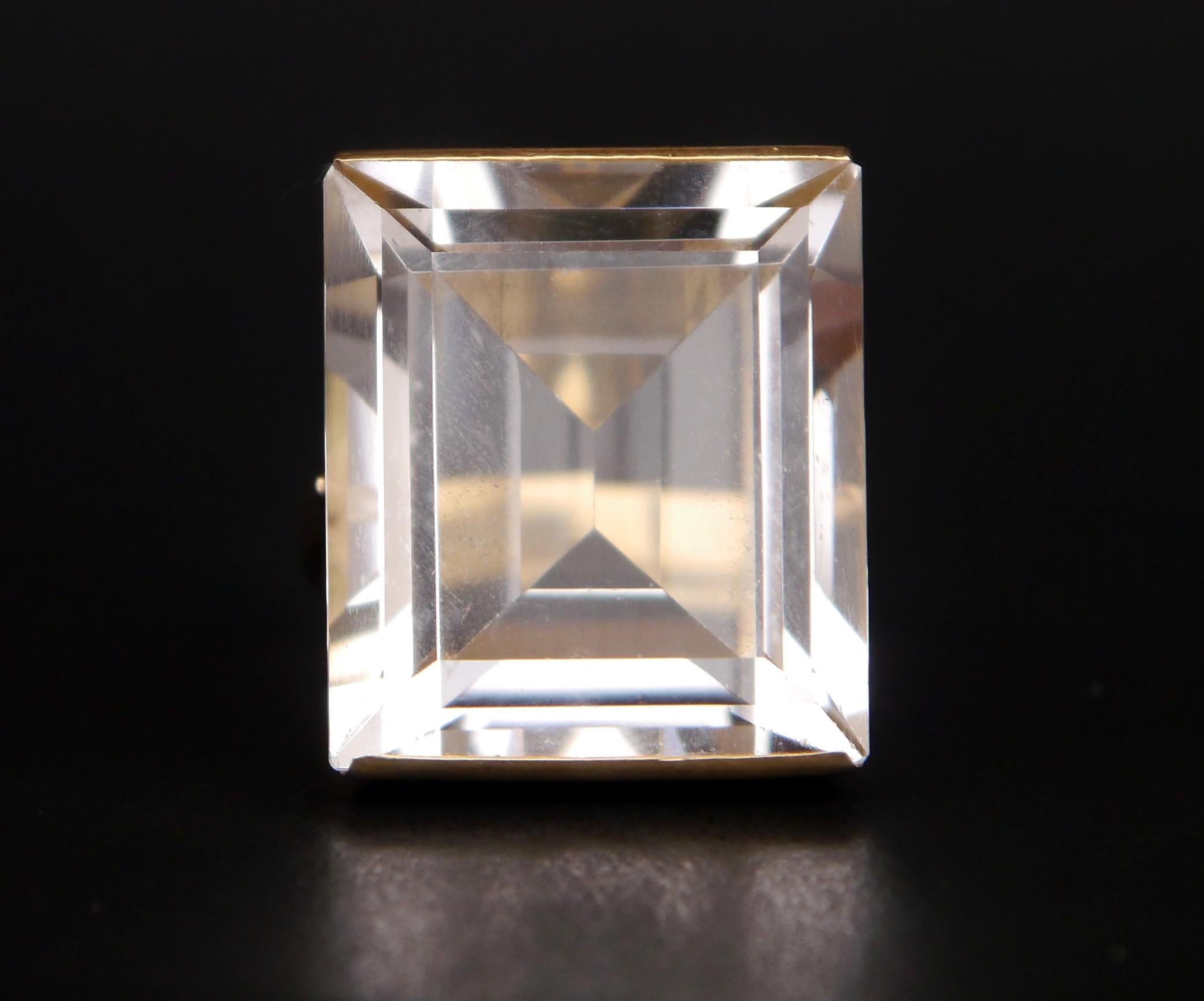 Square Cut Vintage Retro Ring natural 30ct Rock Crystal / Quartz 18K Gold Ø7.75 US /14.5gr For Sale