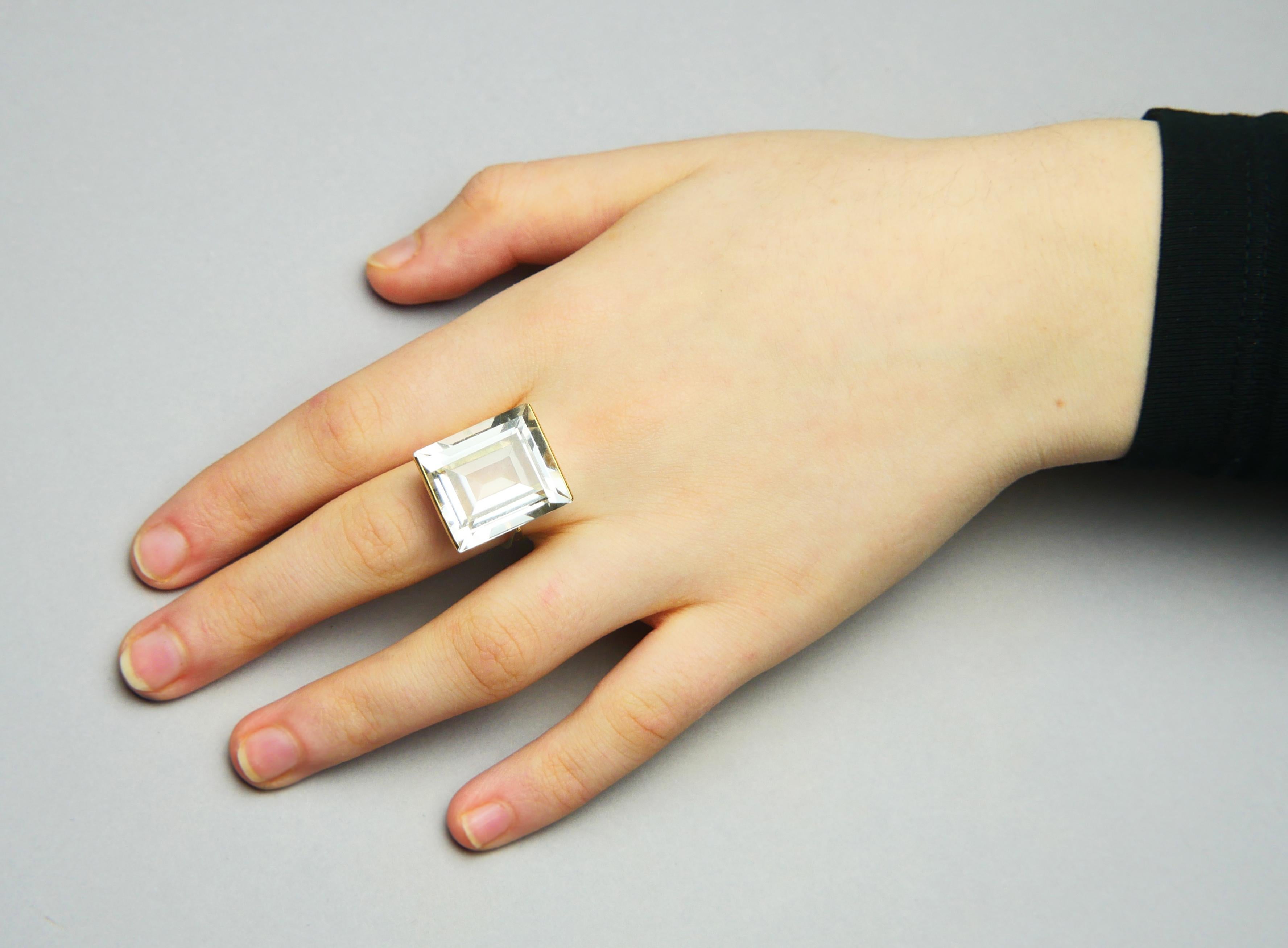 Vintage Retro Ring natural 30ct Rock Crystal / Quartz 18K Gold Ø7.75 US /14.5gr For Sale 2