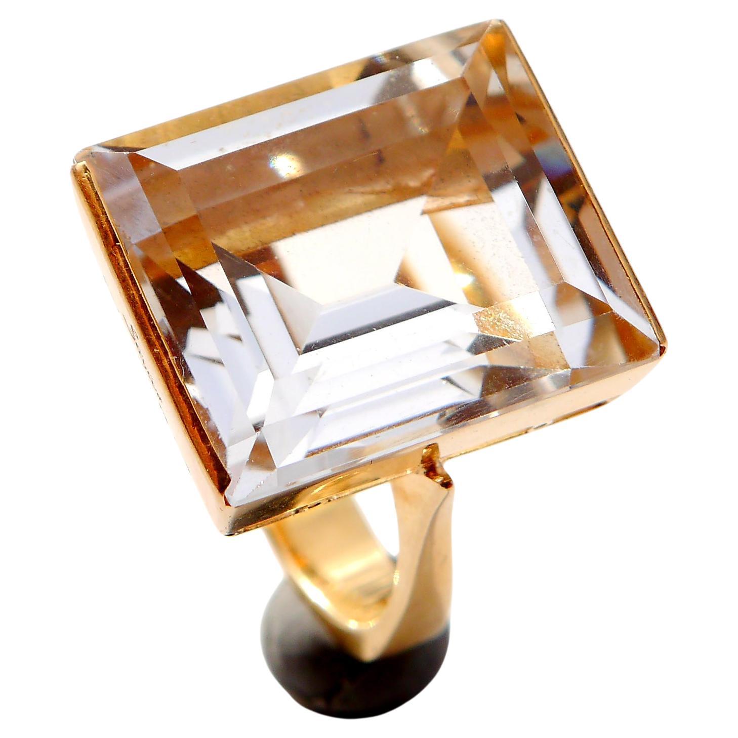 Vintage Retro Ring natural 30ct Rock Crystal / Quartz 18K Gold Ø7.75 US /14.5gr 