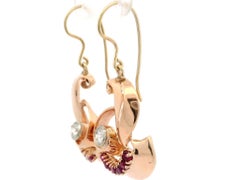 Vintage Retro Rose Gold 1.50ctw Ruby & Diamond Drop Dangle Swirl Earrings
