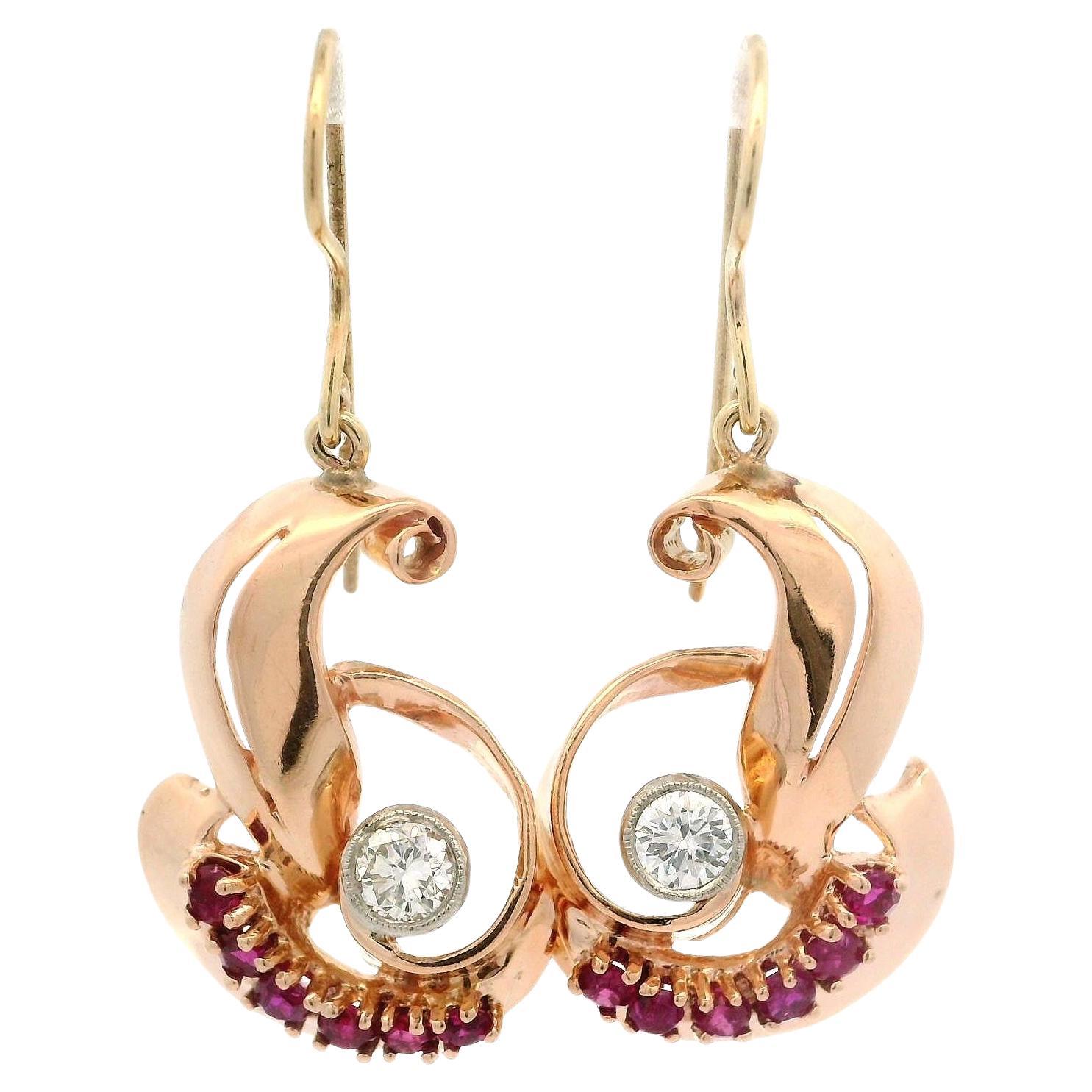 Vintage Retro Rose Gold 1.50ctw Ruby & Diamond Drop Dangle Swirl Earrings