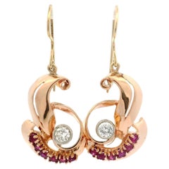 Vintage Retro Rose Gold 1.50ctw Ruby & Diamond Drop Dangle Swirl Earrings