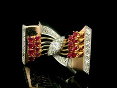 Vintage Retro Rose Gold & Platinum 3.84ct Diamond and Ruby Bow Ribbon Pin Brooch