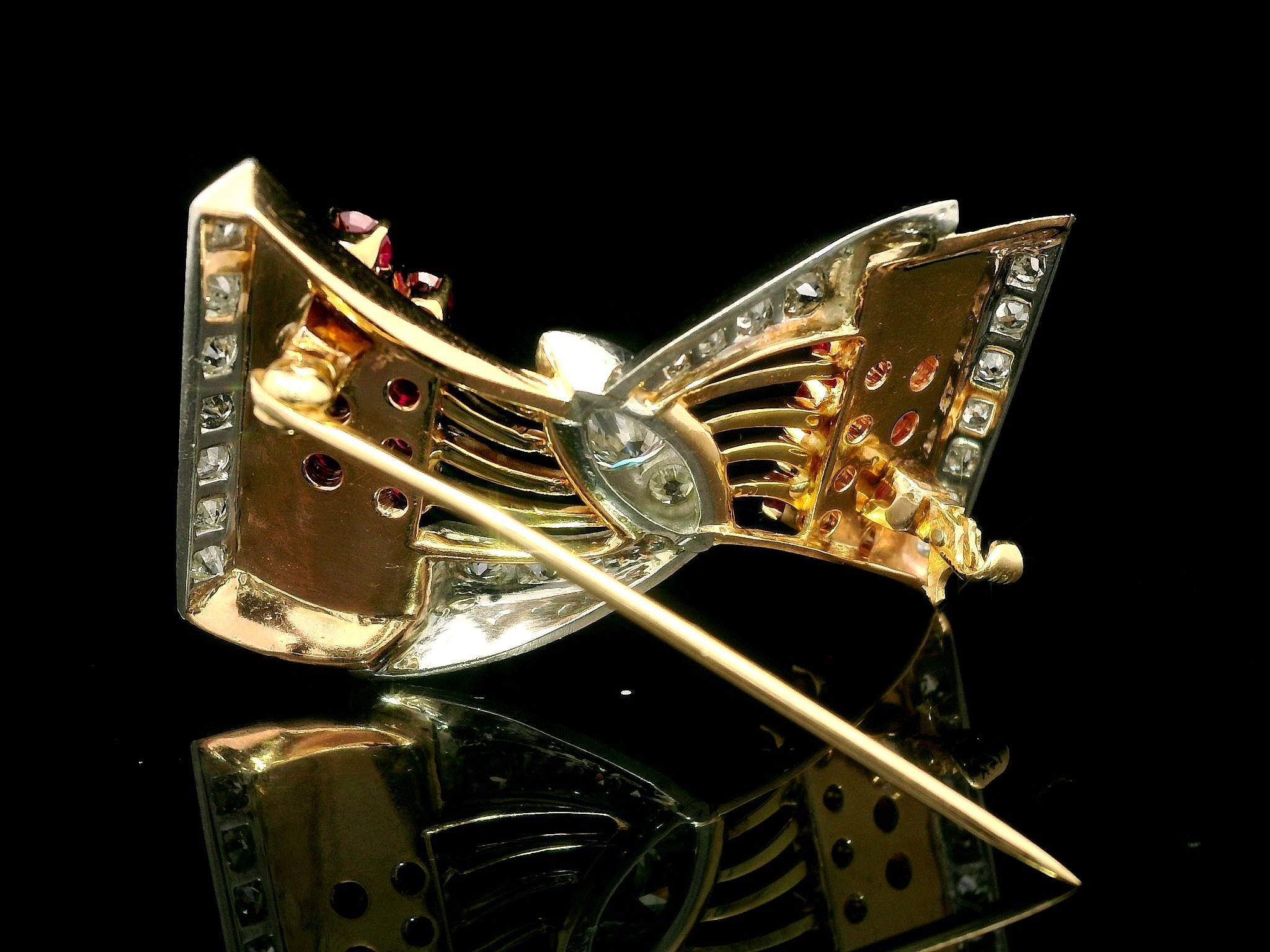 Round Cut Vintage Retro Rose Gold & Platinum 3.84ct Diamond and Ruby Bow Ribbon Pin Brooch For Sale
