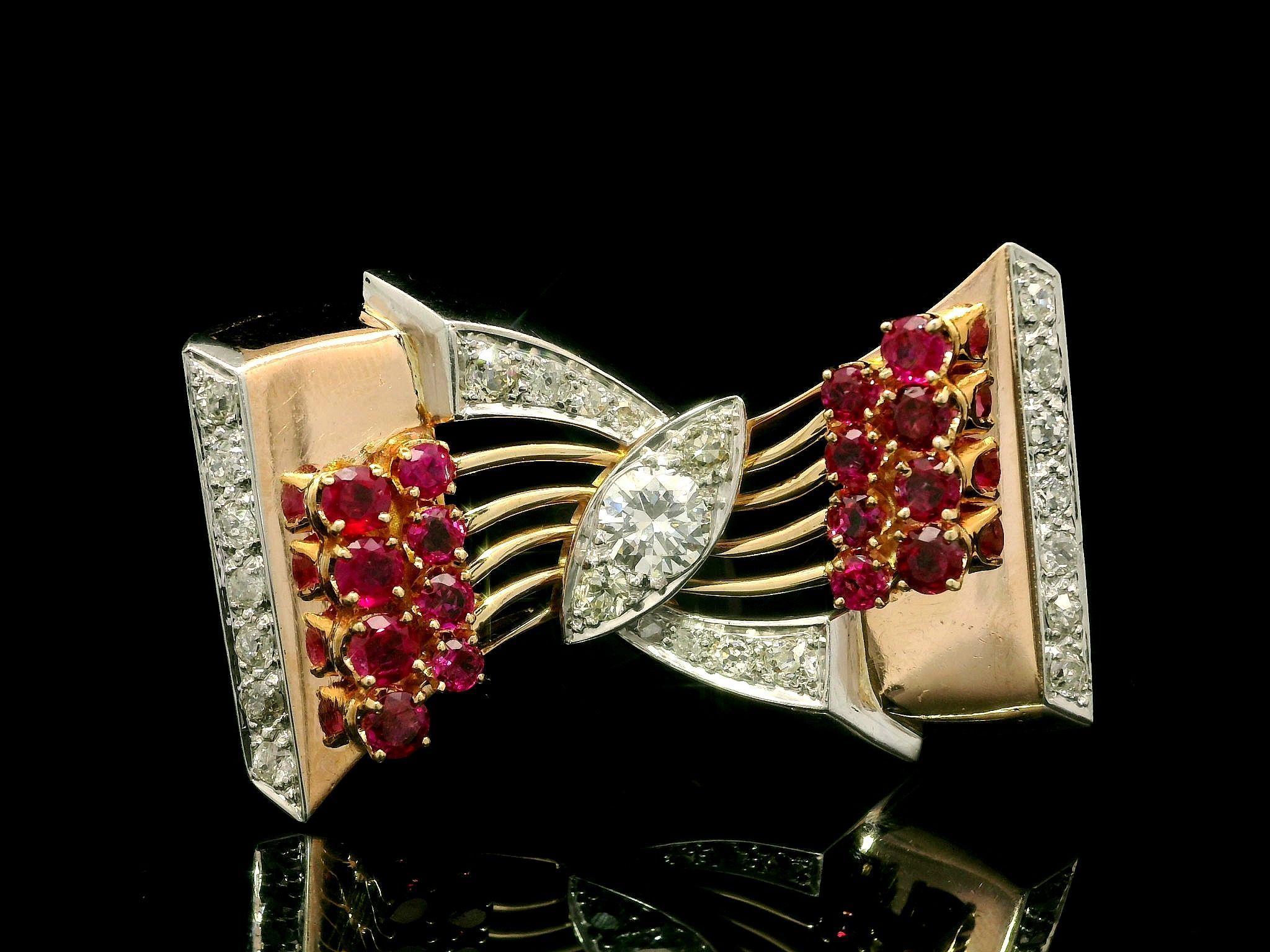 Vintage Retro Rose Gold & Platinum 3.84ct Diamond and Ruby Bow Ribbon Pin Brooch In Good Condition For Sale In Montclair, NJ