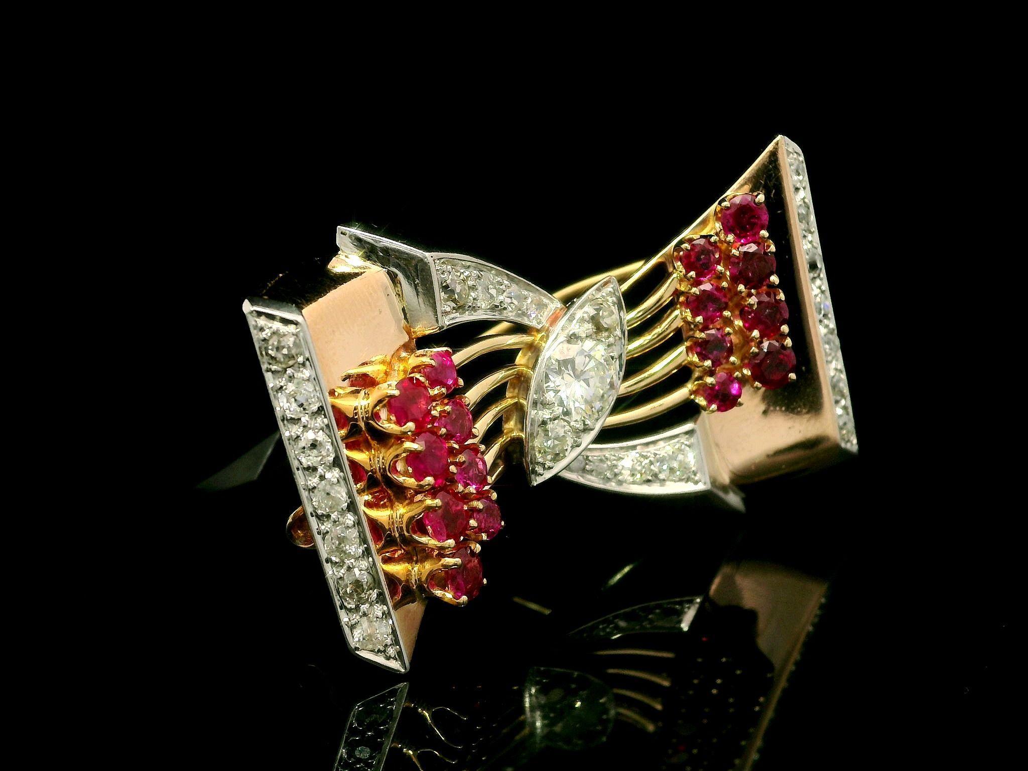 Women's Vintage Retro Rose Gold & Platinum 3.84ct Diamond and Ruby Bow Ribbon Pin Brooch For Sale