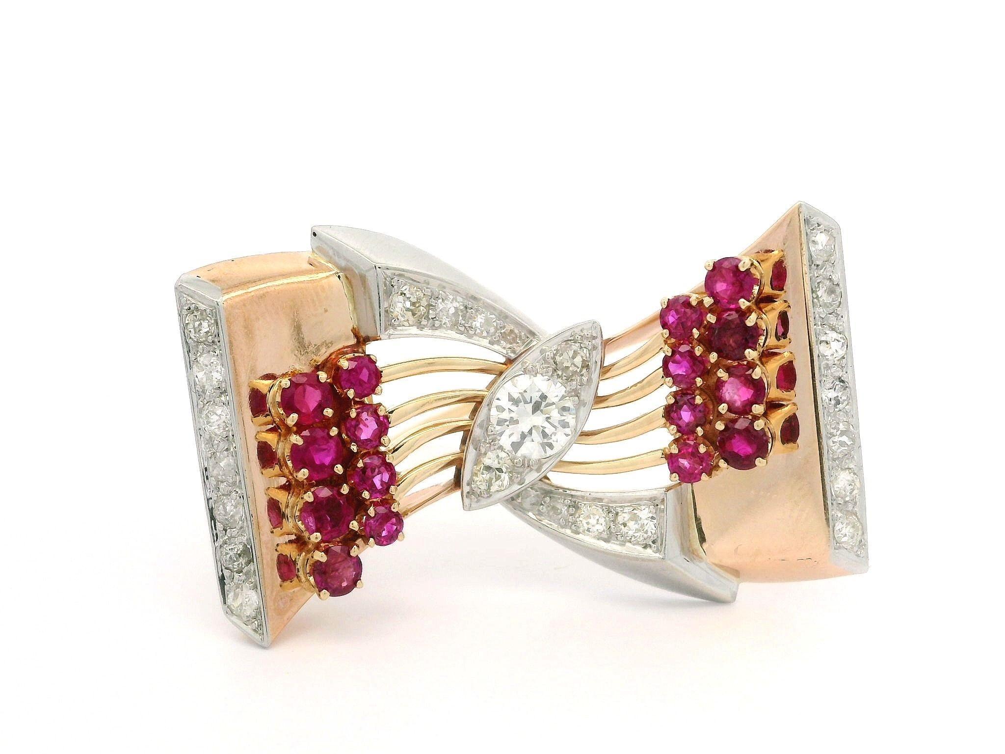 Vintage Retro Rose Gold & Platinum 3.84ct Diamond and Ruby Bow Ribbon Pin Brooch For Sale 1