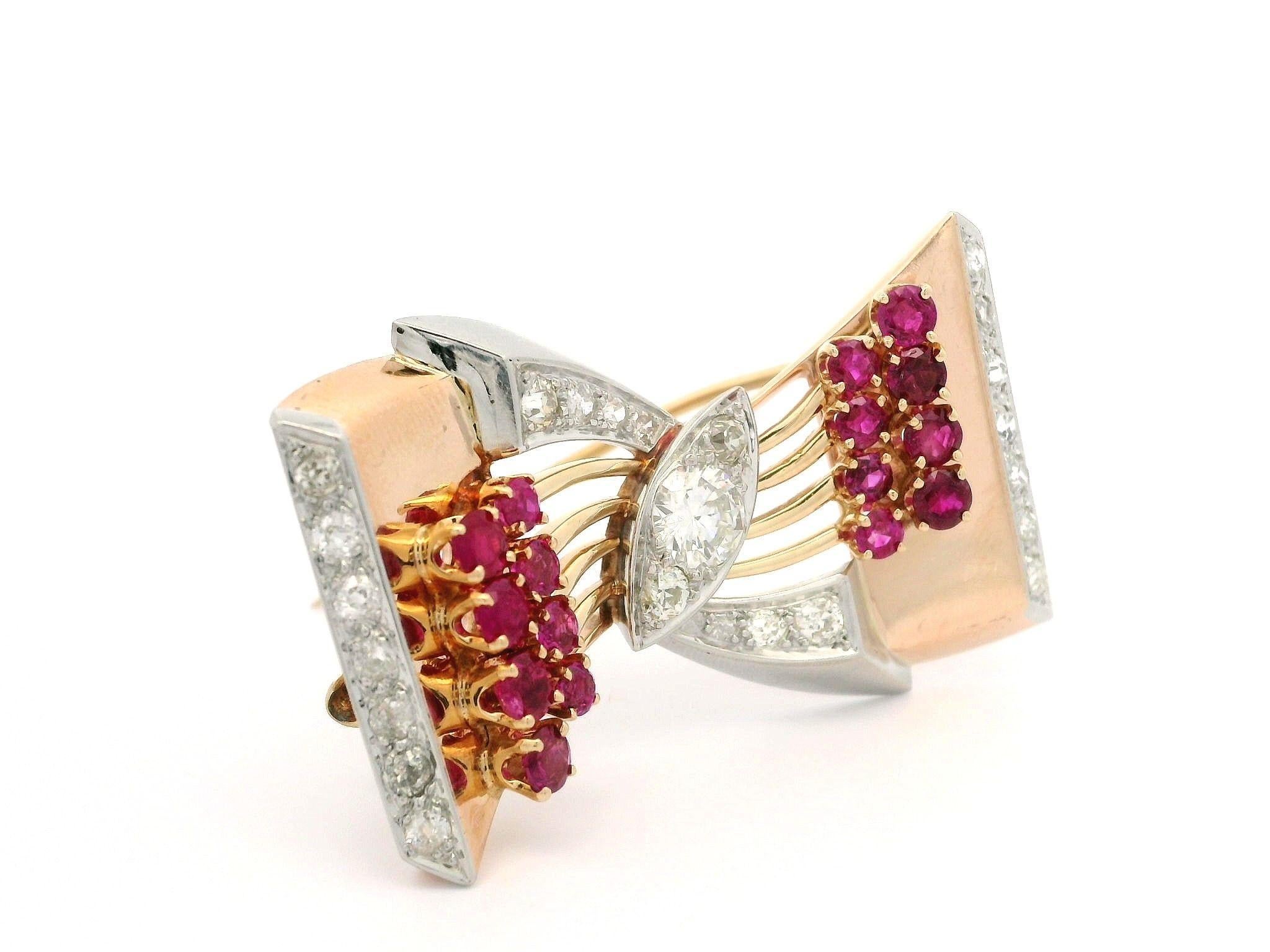 Vintage Retro Rose Gold & Platinum 3.84ct Diamond and Ruby Bow Ribbon Pin Brooch For Sale 2