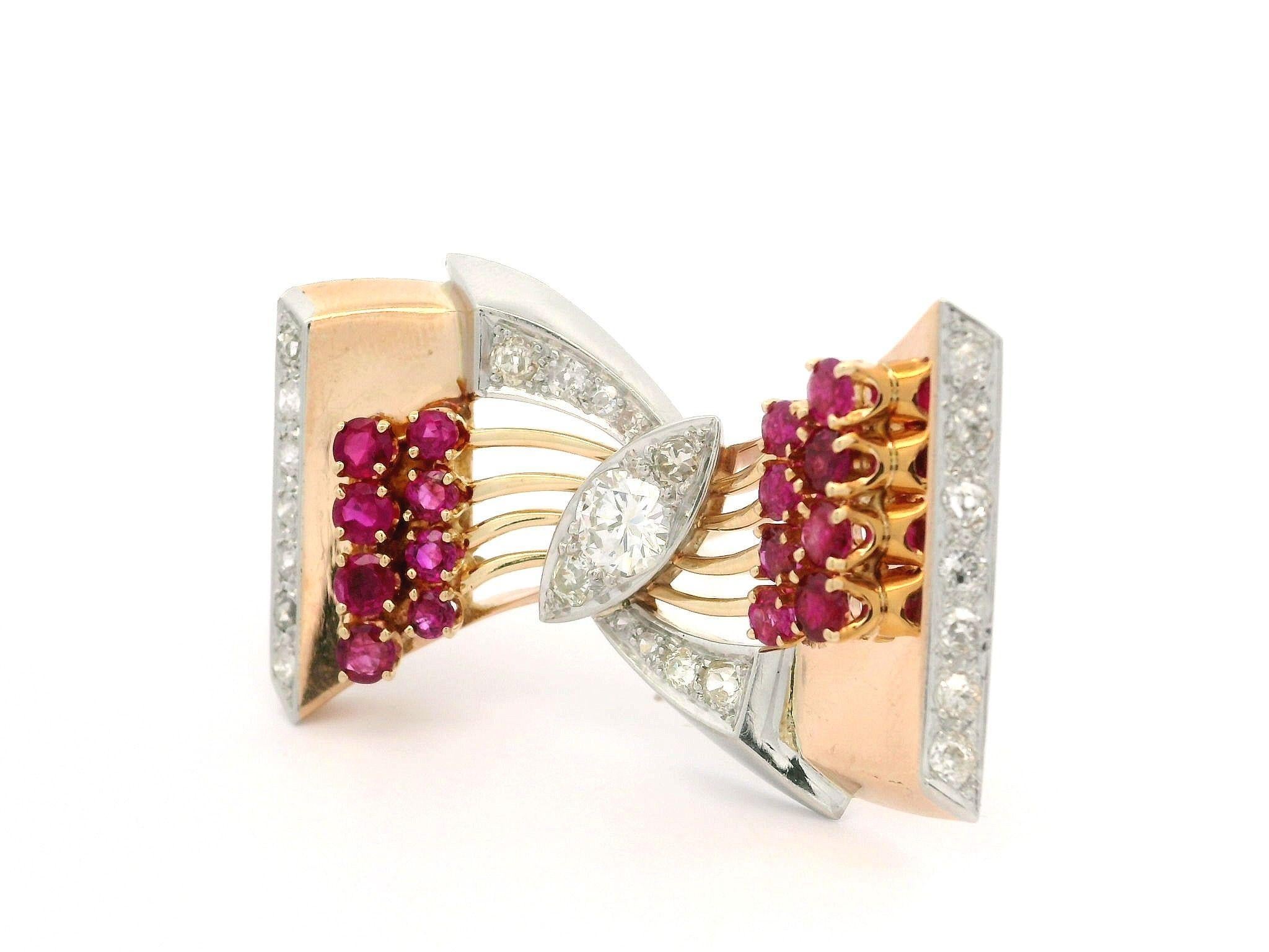 Vintage Retro Rose Gold & Platinum 3.84ct Diamond and Ruby Bow Ribbon Pin Brooch For Sale 3