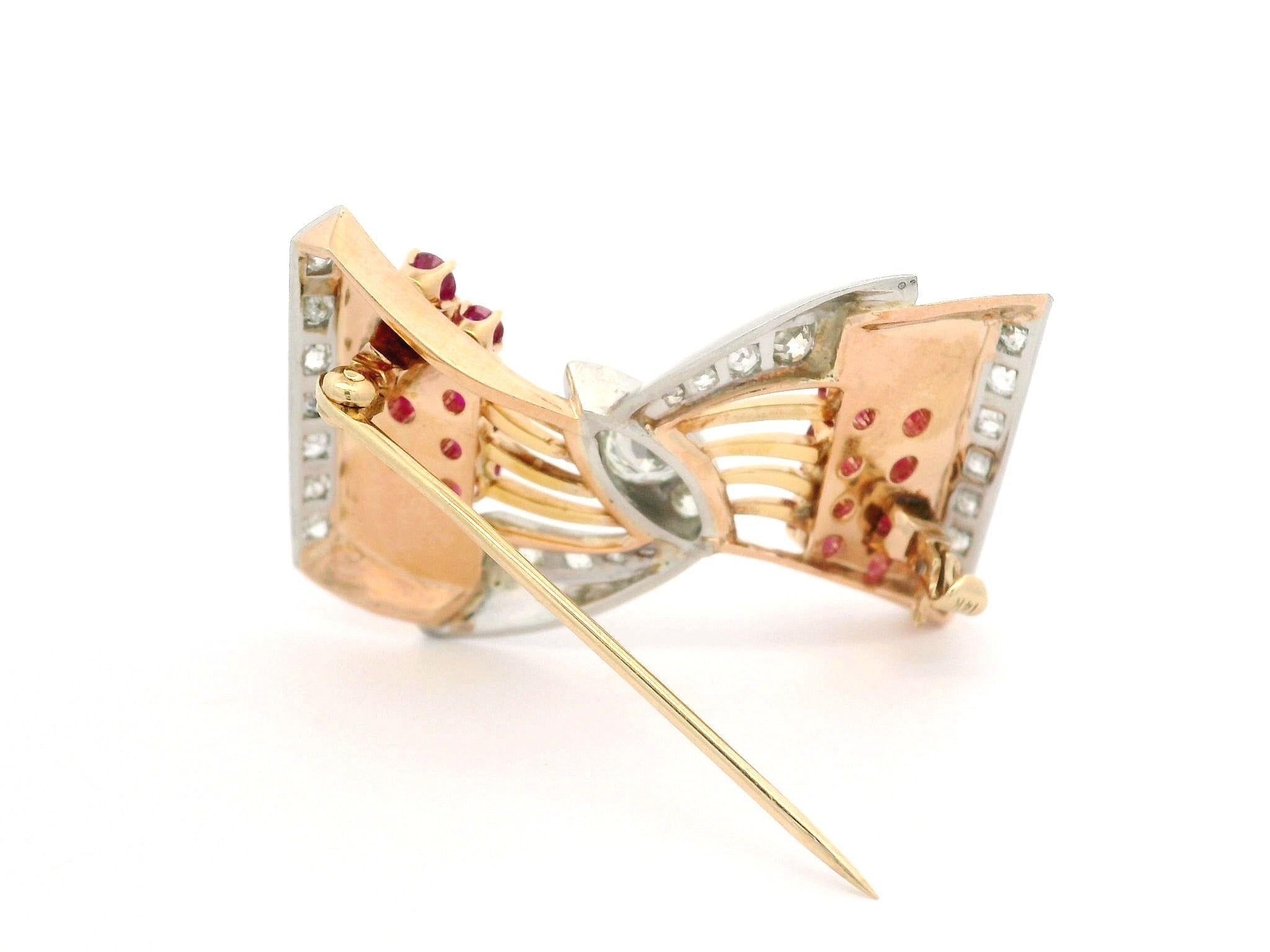 Vintage Retro Rose Gold & Platinum 3.84ct Diamond and Ruby Bow Ribbon Pin Brooch For Sale 4