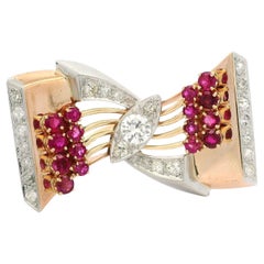 Vintage Retro Rose Gold & Platinum 3.84ct Diamond and Ruby Bow Ribbon Pin Brooch