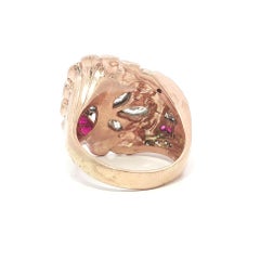 Vintage Retro Rose Gold & Platinum Ruby w/ Diamond Large Floral Design Ring