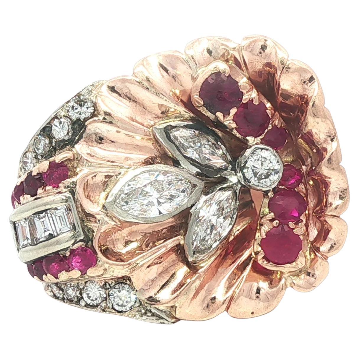 Vintage Retro Rose Gold
Platinum Ruby w/ Diamond Large Floral Design Ring
