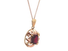 Vintage Retro Rose & Green Gold Garnet Pendant 20" Cable Link Necklace