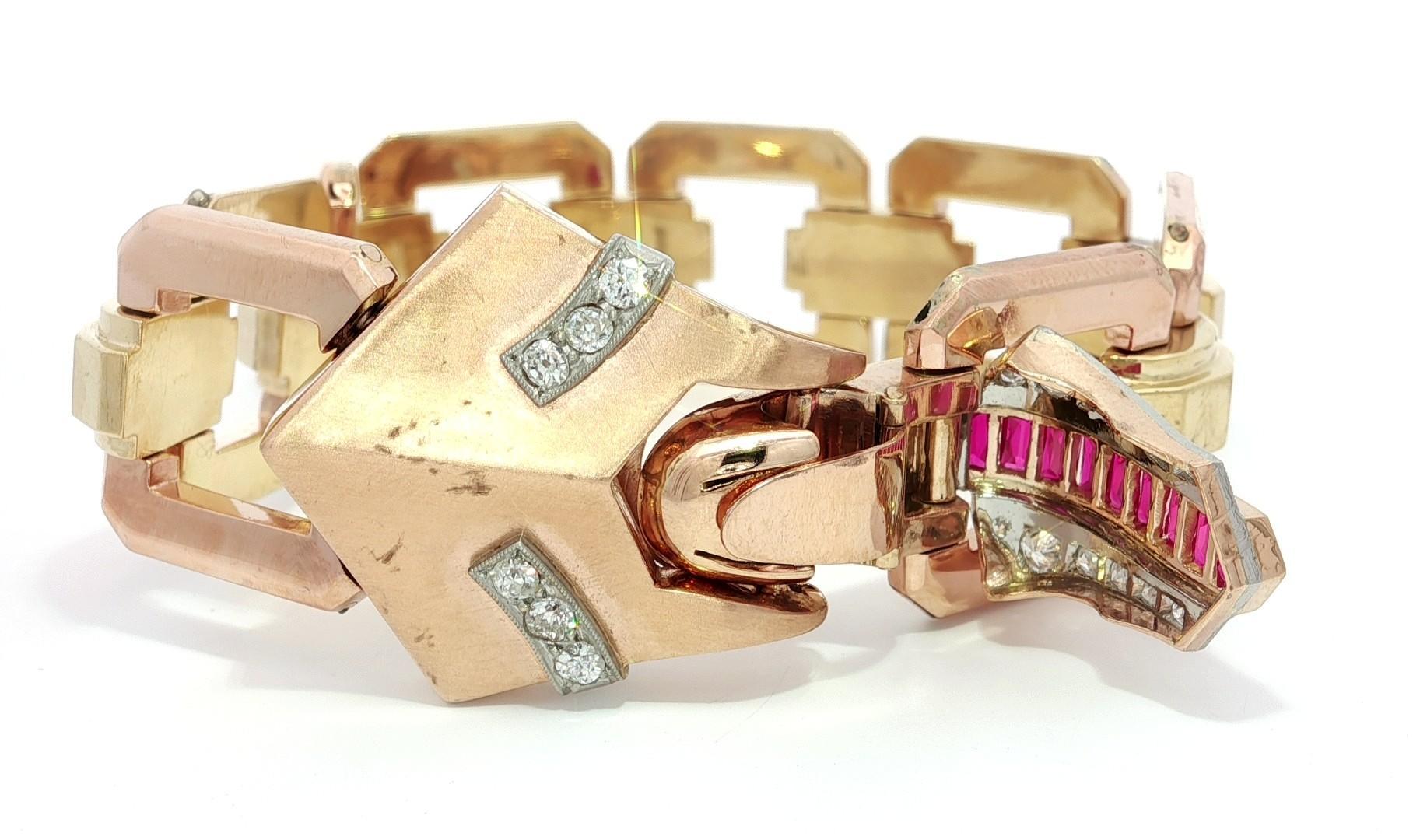 Vintage Retro Rose & Grüngold Platin Diamant Offenes Geometrisches Armband im Angebot 6