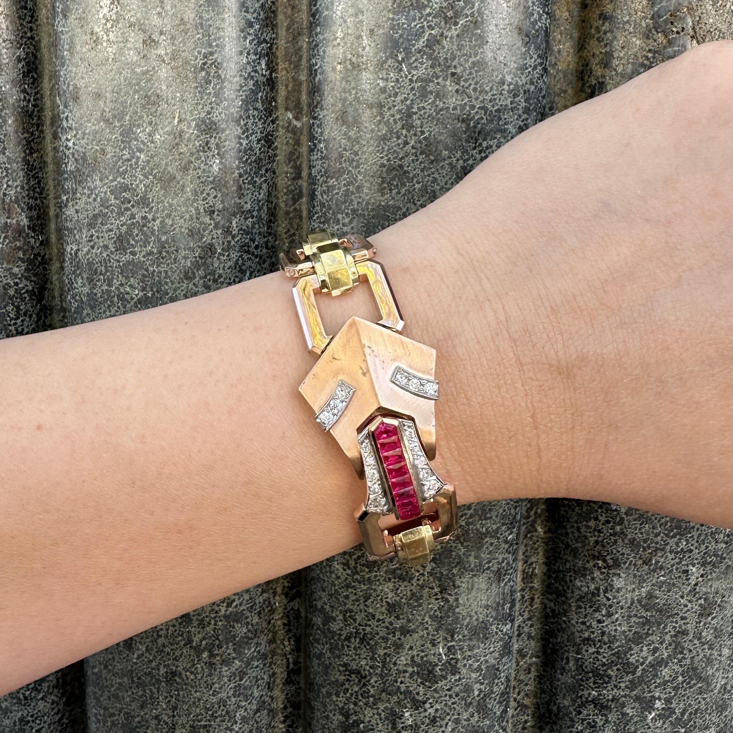 Vintage Retro Rose & Grüngold Platin Diamant Offenes Geometrisches Armband im Angebot 7