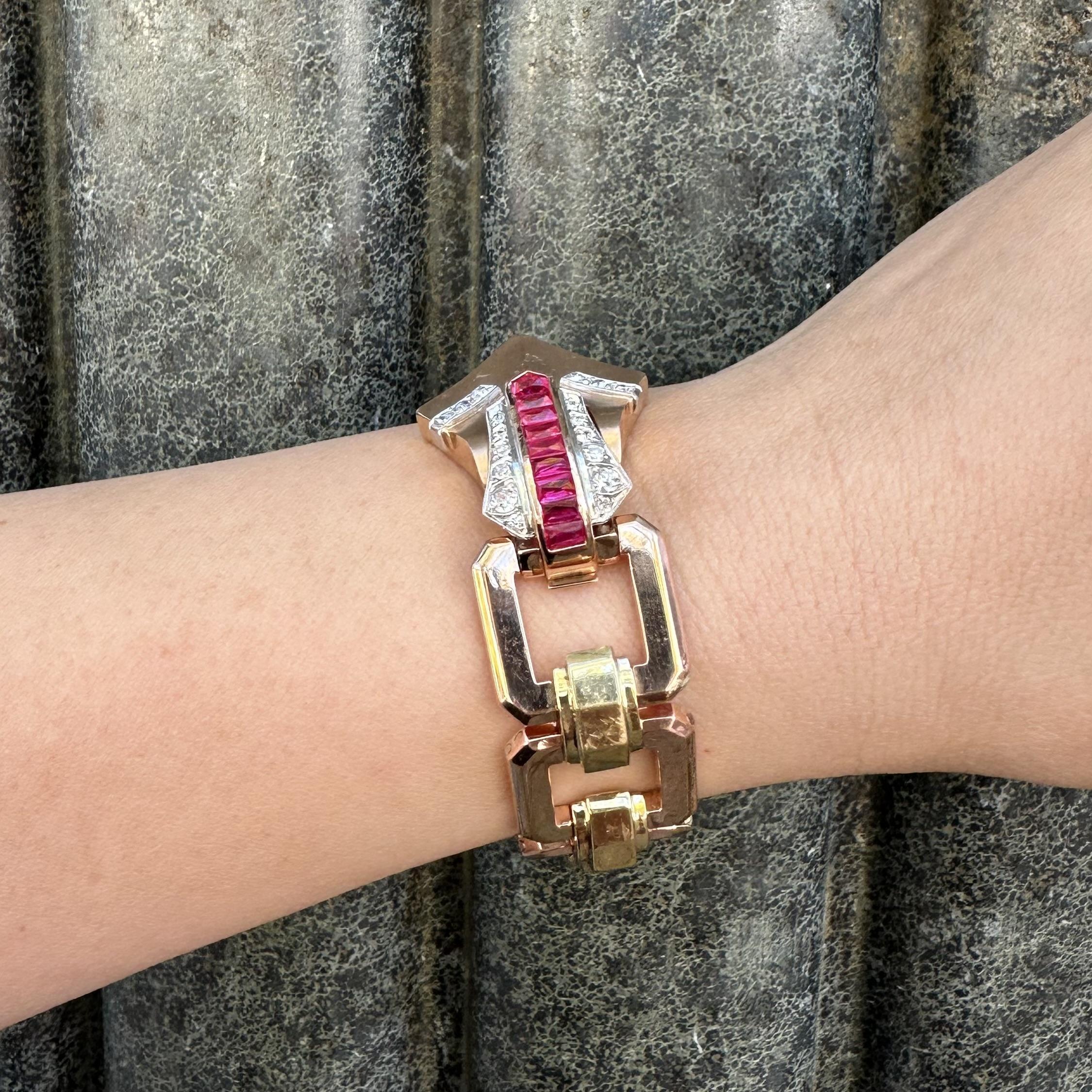 Vintage Retro Rose & Grüngold Platin Diamant Offenes Geometrisches Armband im Angebot 8