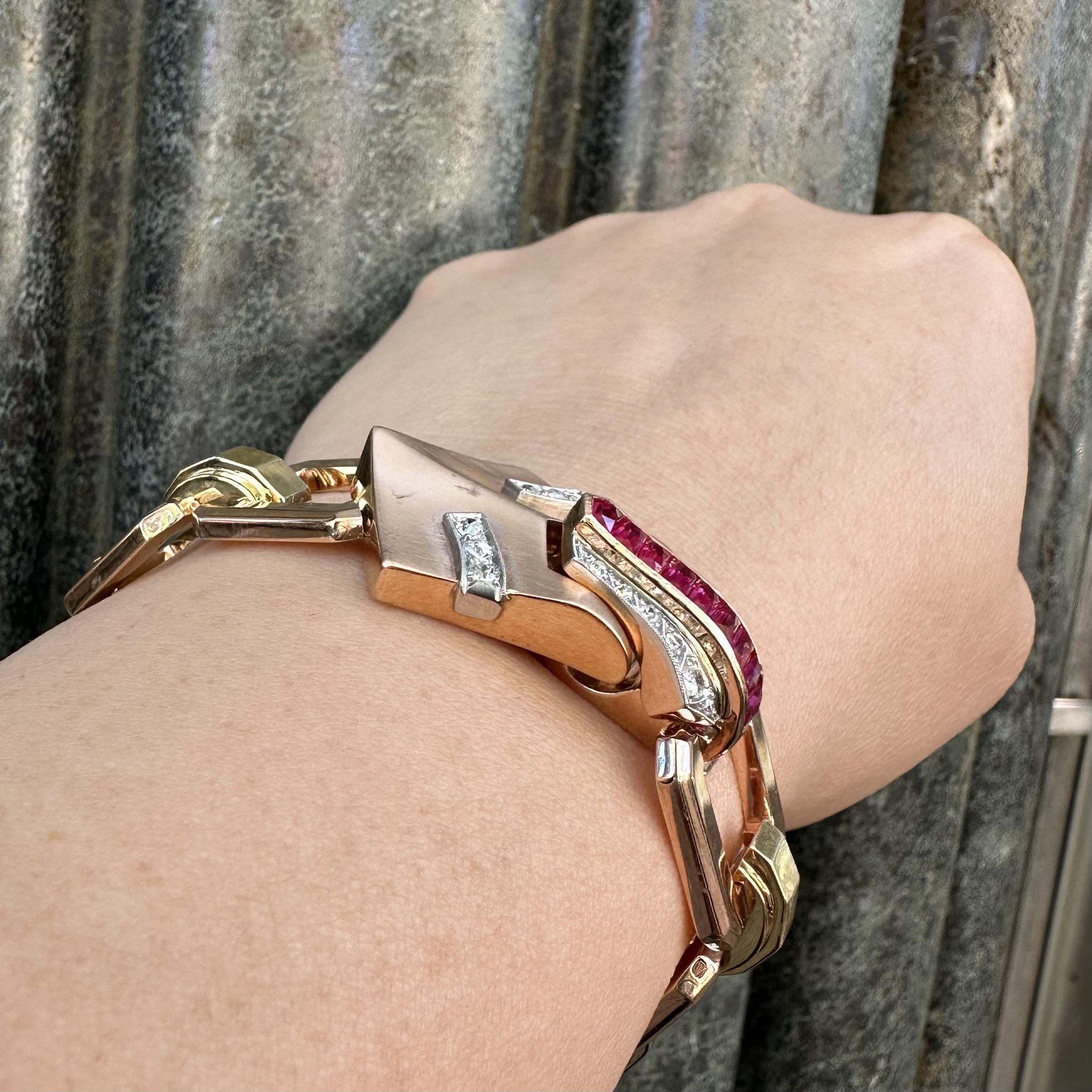 Vintage Retro Rose & Grüngold Platin Diamant Offenes Geometrisches Armband (Alteuropäischer Schliff) im Angebot