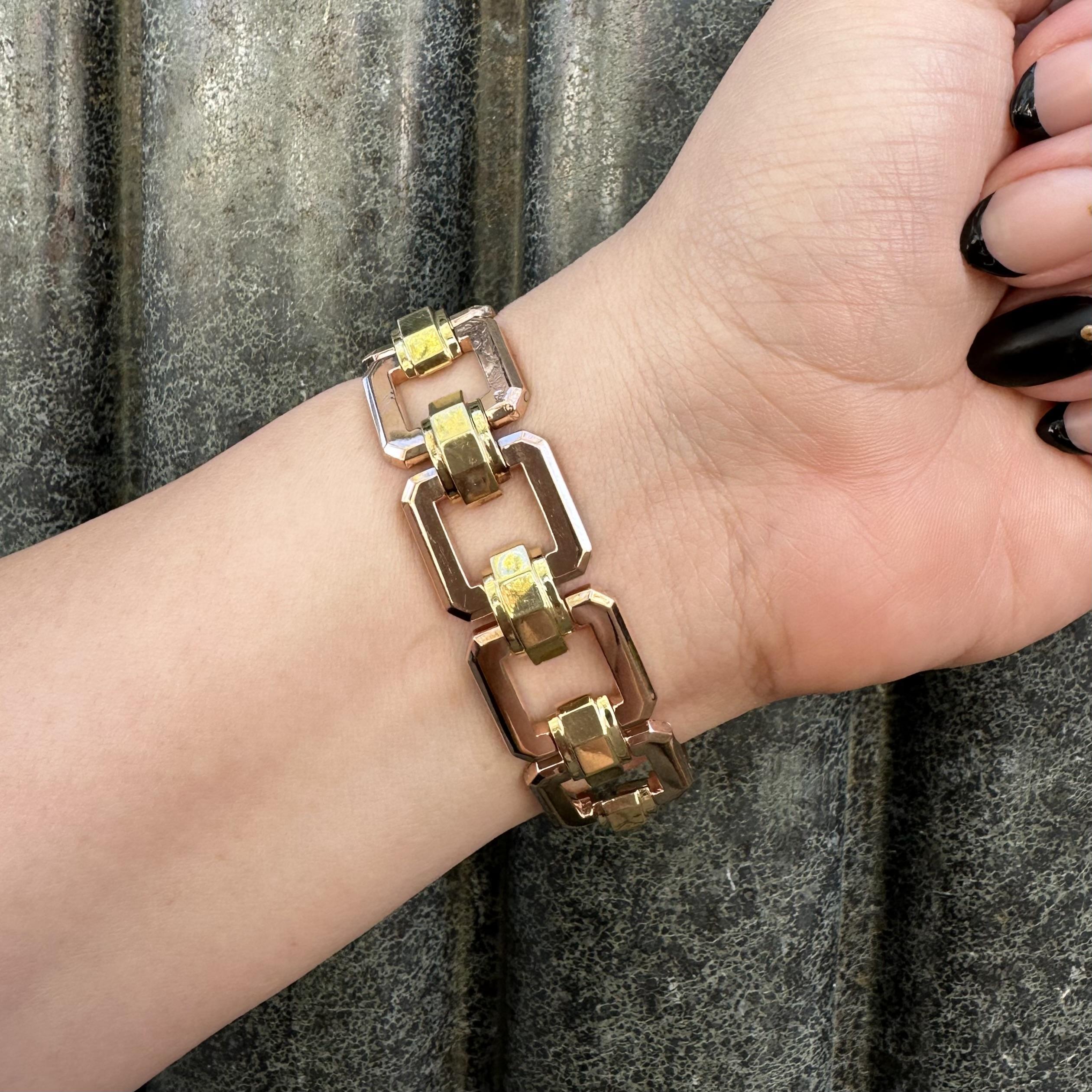 Vintage Retro Rose & Grüngold Platin Diamant Offenes Geometrisches Armband im Zustand „Gut“ im Angebot in Montclair, NJ