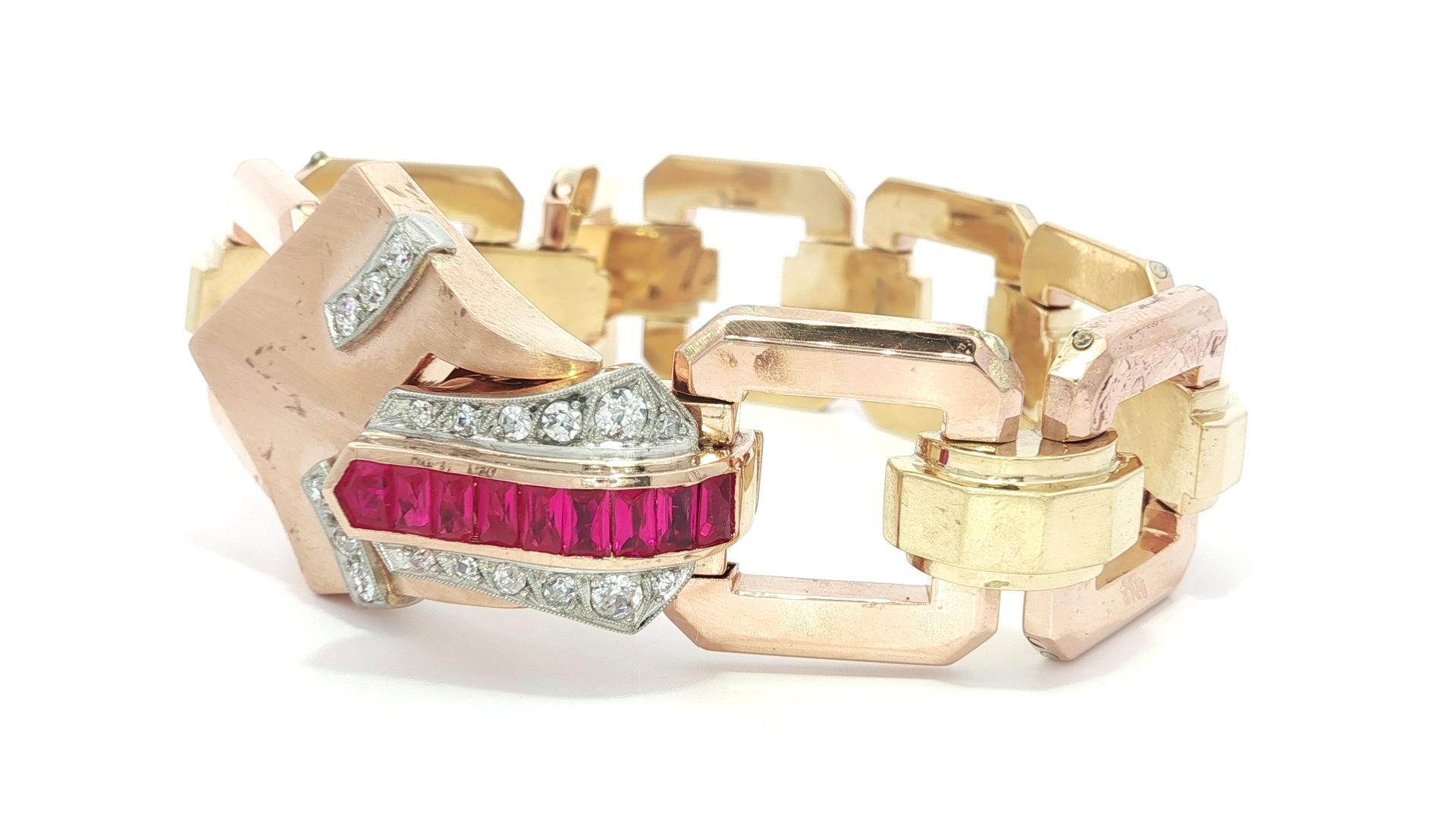Vintage Retro Rose & Grüngold Platin Diamant Offenes Geometrisches Armband im Angebot 1