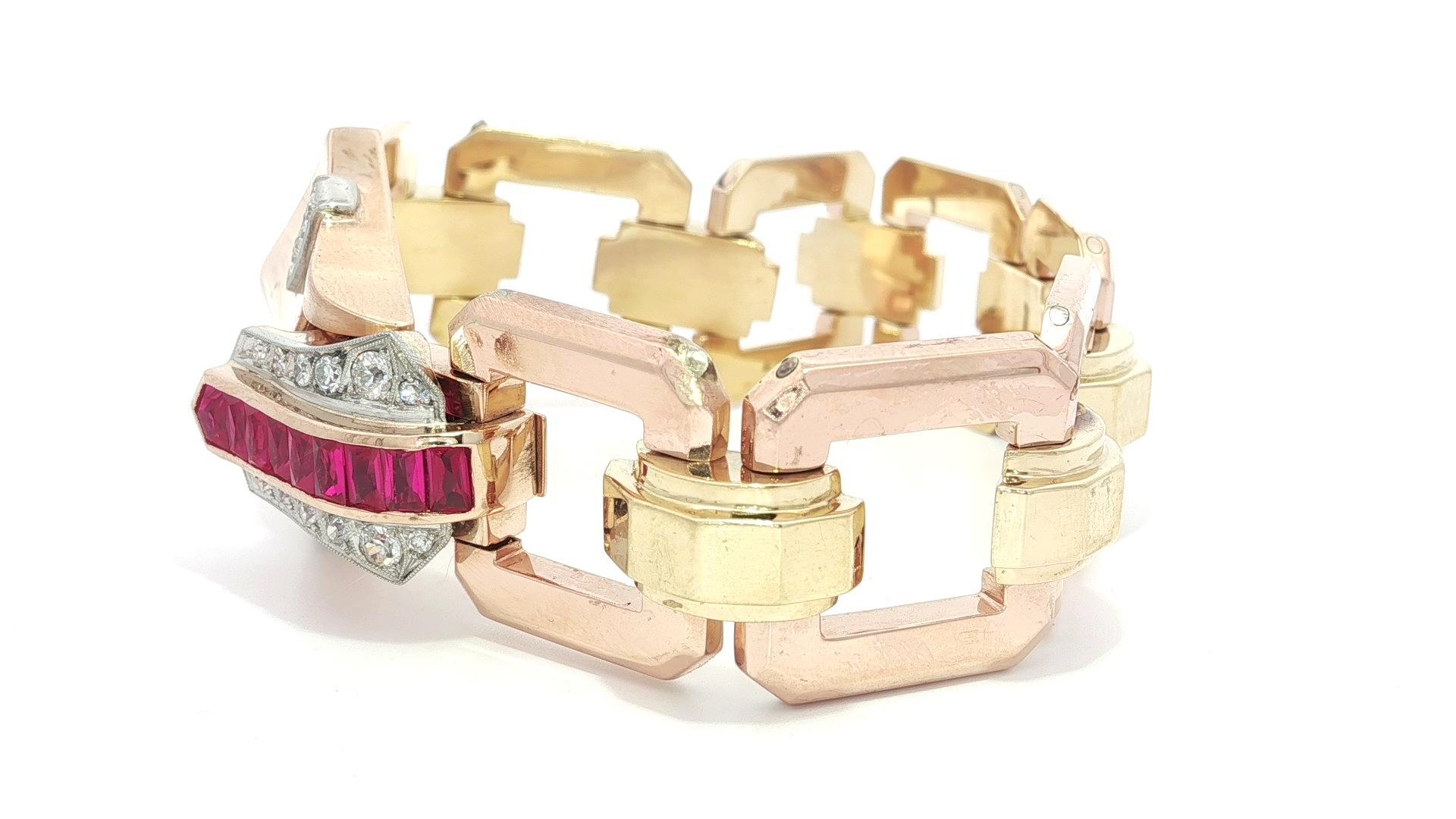 Vintage Retro Rose & Grüngold Platin Diamant Offenes Geometrisches Armband im Angebot 2