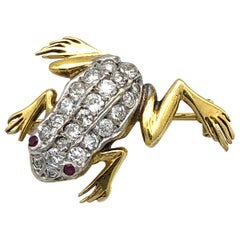 Vintage Retro Ruby Diamond Gold Frog Brooch