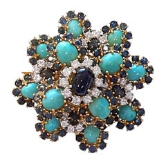 Vintage Retro Sapphire Diamond and Turquoise Brooch Pin