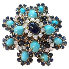 Vintage Retro Sapphire Diamond and Turquoise Brooch Pin