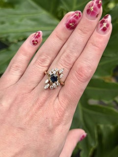 Vintage Retro Bague Cocktail Saphir & Diamant Or Jaune 14K