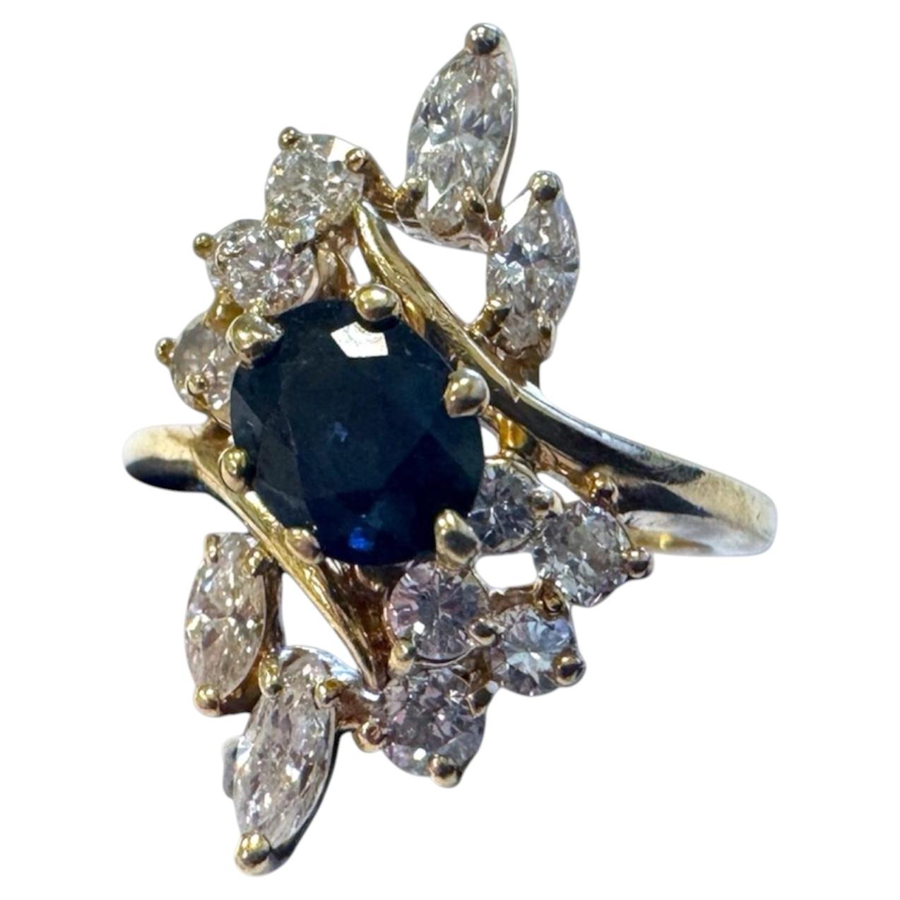 Vintage Retro Sapphire & Diamond Cocktail Ring 14K Yellow Gold