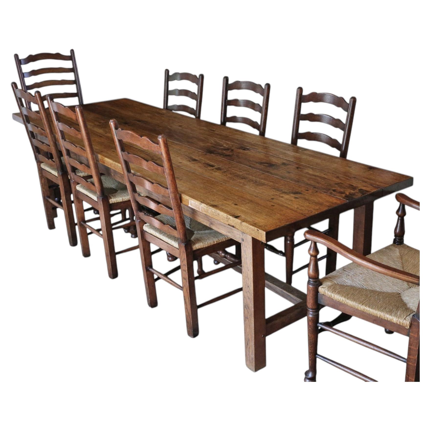 Vintage Retro Set of 8 (6 + 2) Ladder-Back Dining Chairs with Wicker Seats