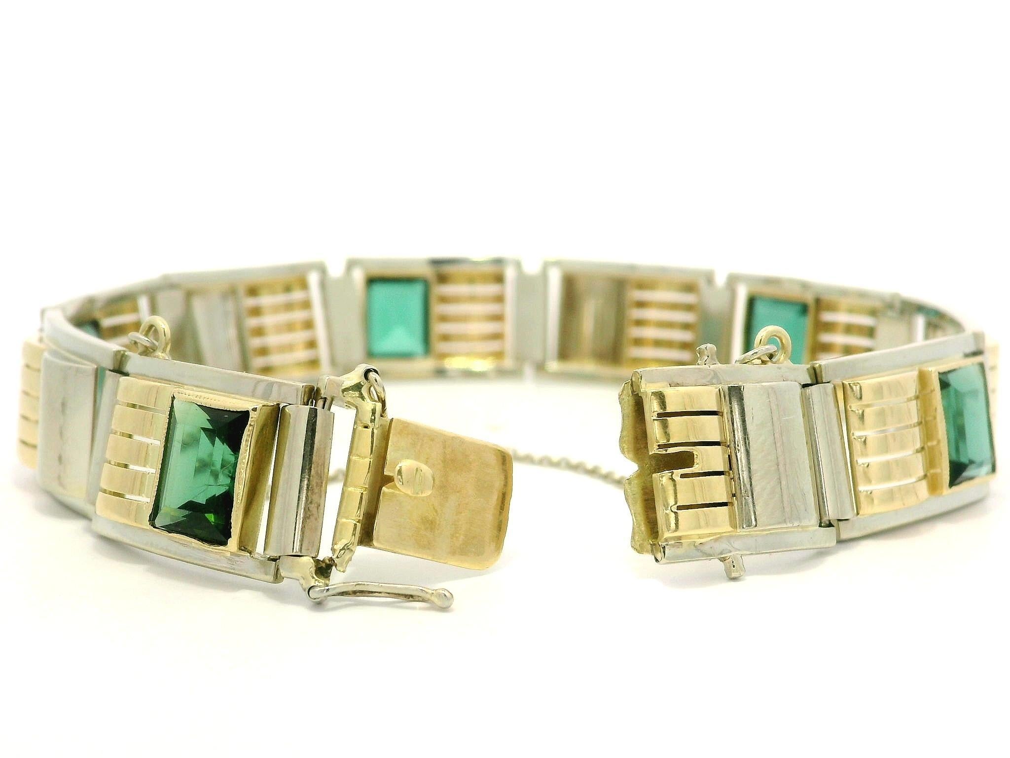 Pulsera vintage retro de oro macizo de 14 quilates con bisel de turmalina de 7,50 ctw de líneas geométricas Corte cuadrado en venta