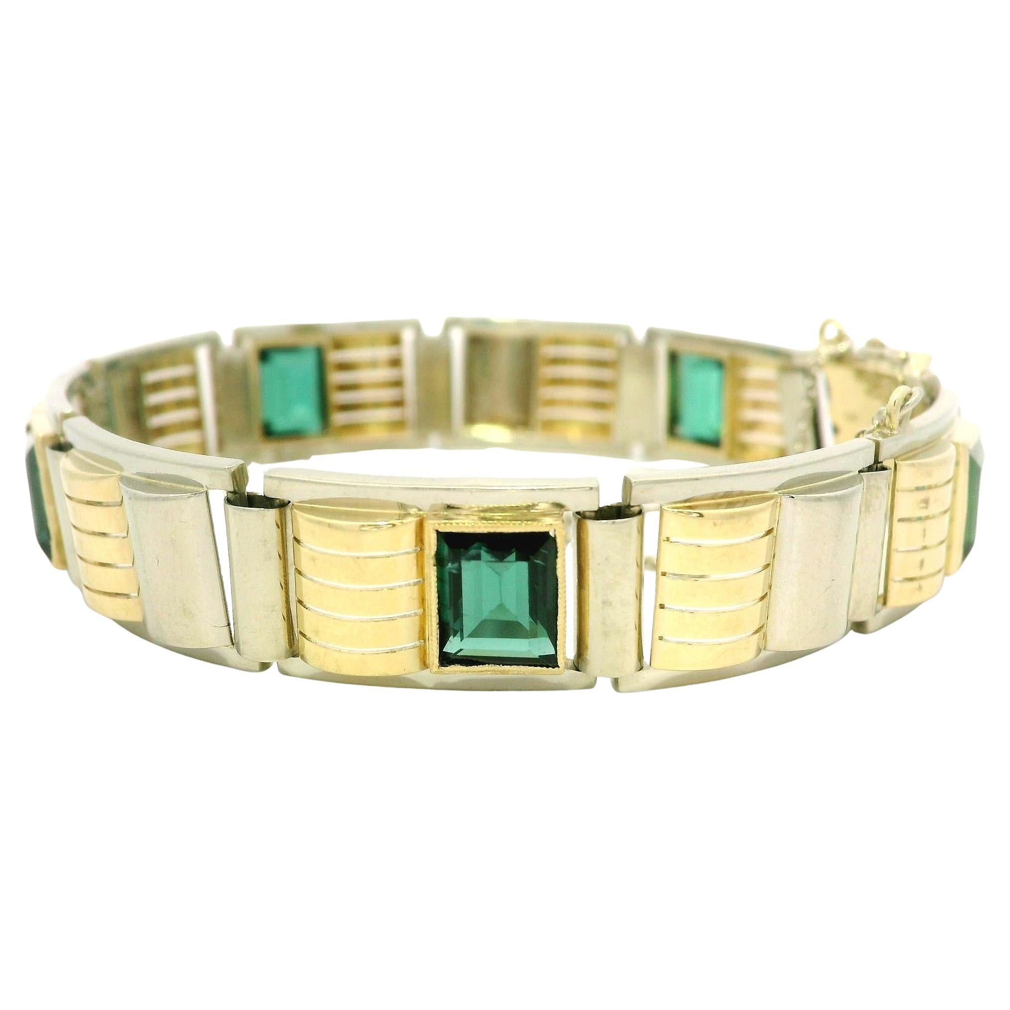 Bracelet rétro vintage en or massif 14 carats avec tourmaline géométrique à lunette de 7,50 carats
