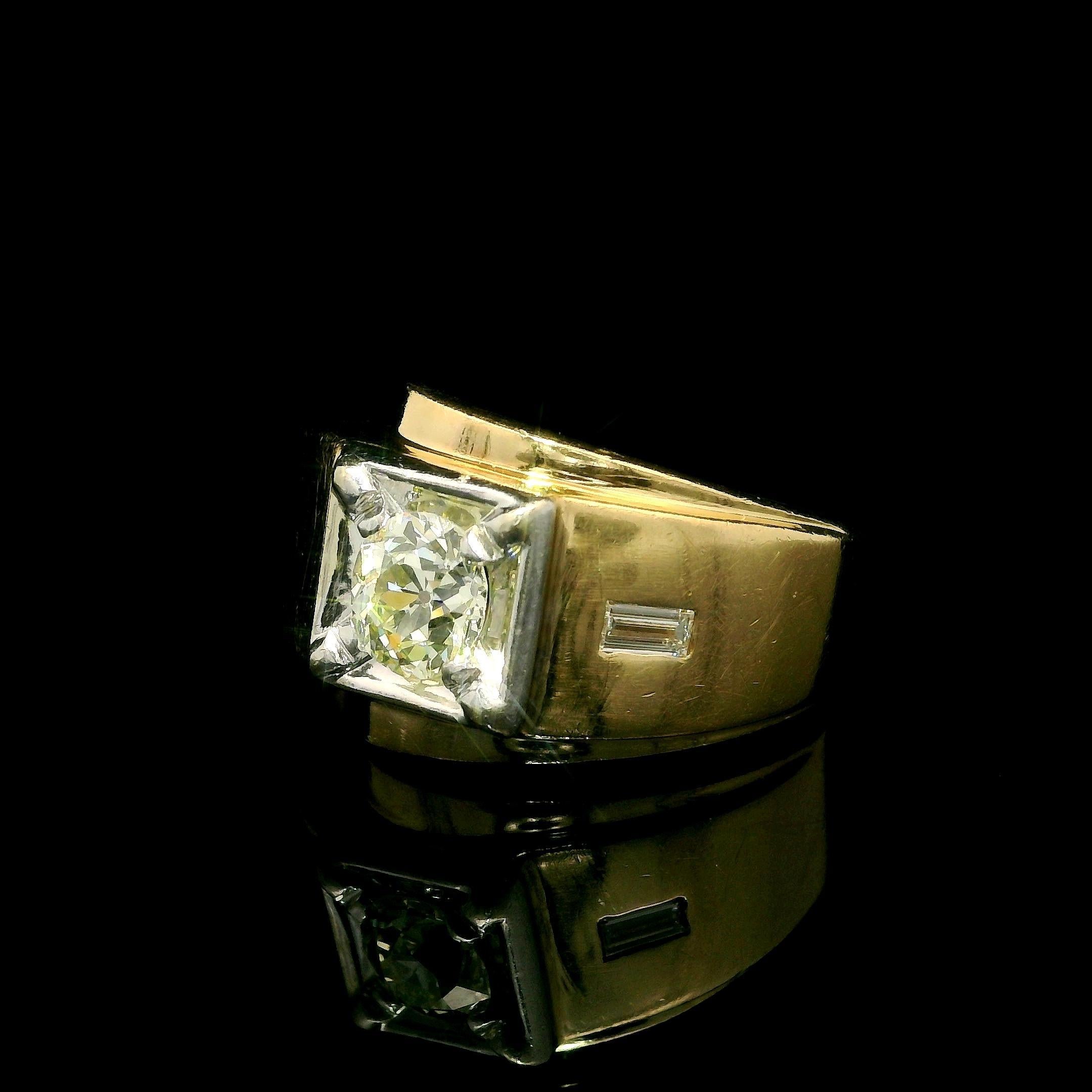 -- Stone(s) --
(1) Natural Genuine Diamond - Old European Cut - Prong Set - Very Brilliant Faint Yellow Color - VS2 Clarity - 0.60ct (approx.)
(1) Natural Genuine Diamond - Baguette Cut - Burnish Set - Color - VS2 Clarity - 0.05ct (approx.)
Total