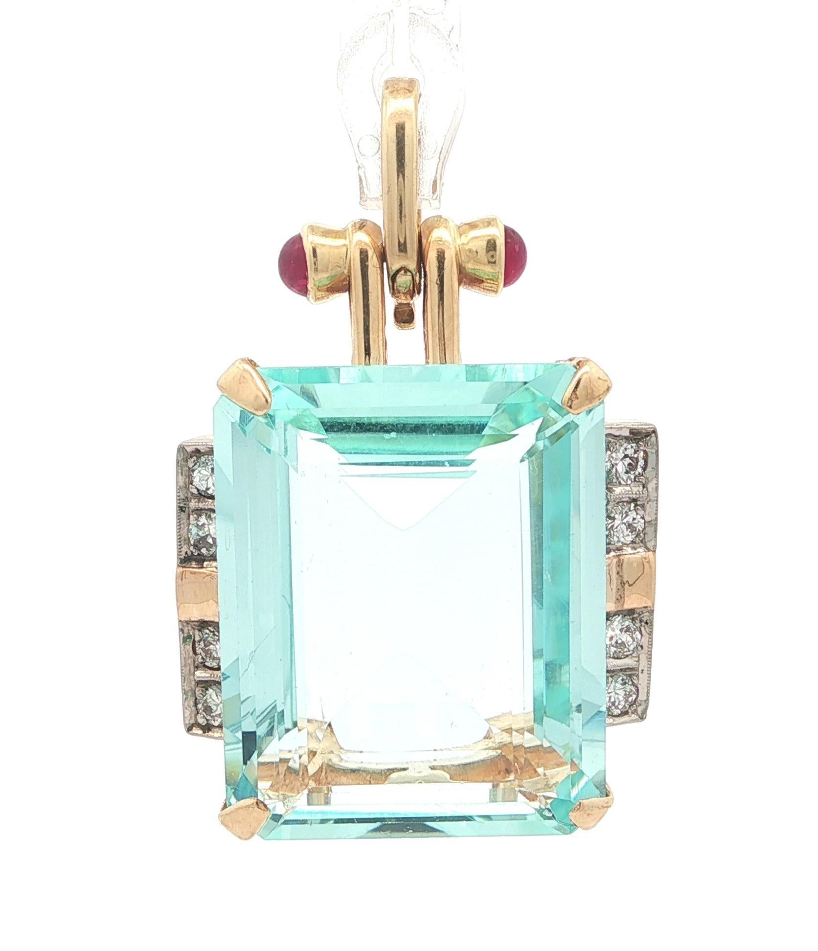 --Pietre: --
(1) Acquamarina naturale autentica - Grande taglio quadrato rettangolare - incastonata - colore blu chiaro o medio - 25x19,75x10mm - 33,8ct (circa)
(8) Diamanti naturali autentici - Vecchio taglio di transizione - incastonati - bei