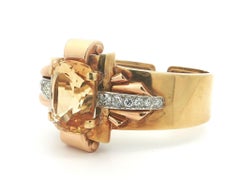 Vintage Retro Solid Gold & Platinum Citrine Old Cut Diamond Hinged Cuff Bracelet