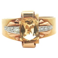 Vintage Retro Solid Gold & Platinum Citrine Old Cut Diamond Hinged Cuff Bracelet