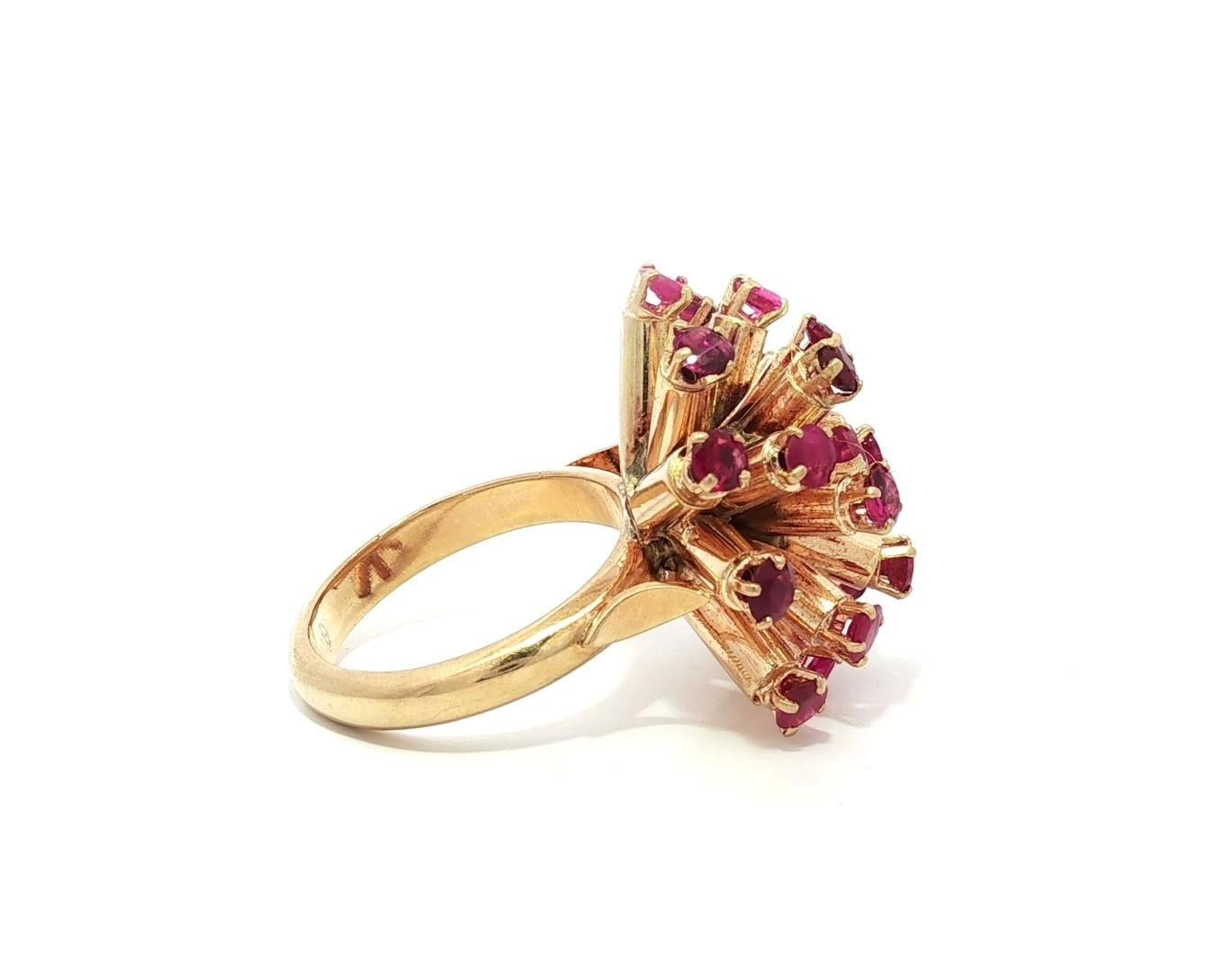 Vintage Retro Solid Yellow Gold Large 2.40ctw Round Ruby Sputnik Domed Ring For Sale 5