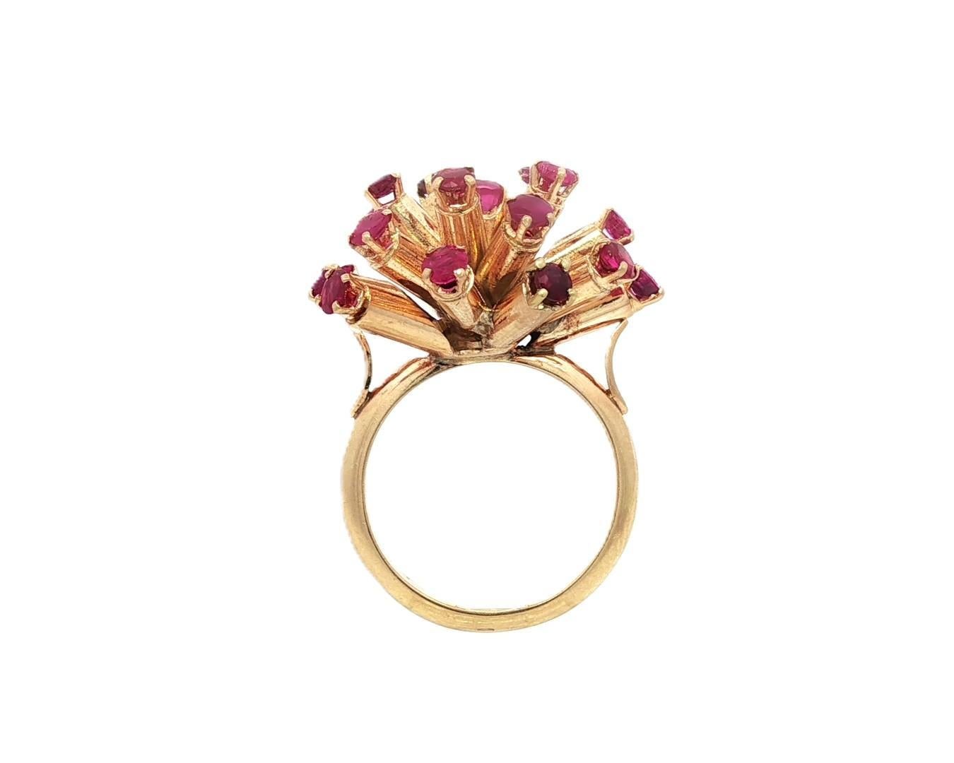 Vintage Retro Solid Yellow Gold Large 2.40ctw Round Ruby Sputnik Domed Ring For Sale 6