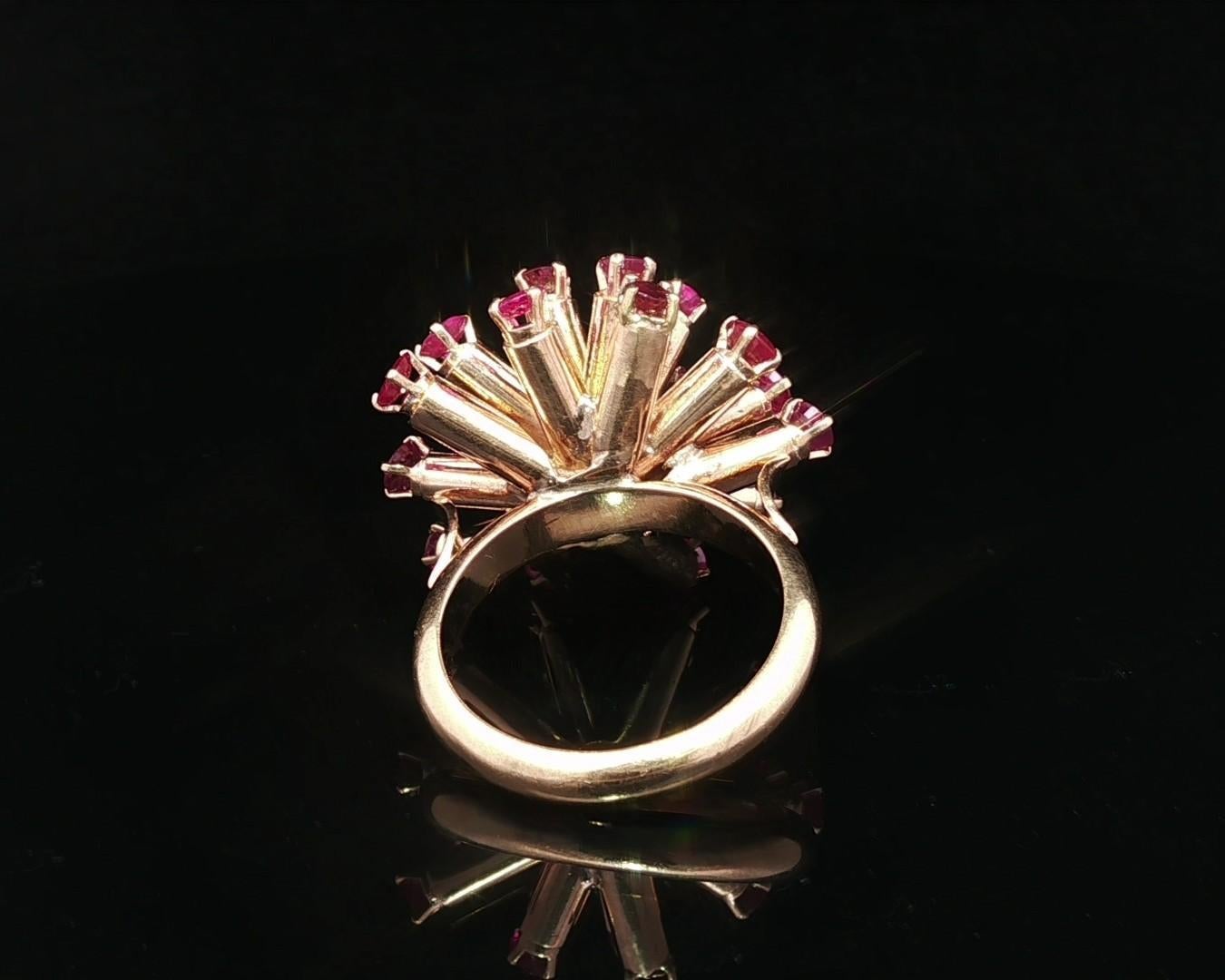 Vintage Retro Solid Yellow Gold Large 2.40ctw Round Ruby Sputnik Domed Ring For Sale 7