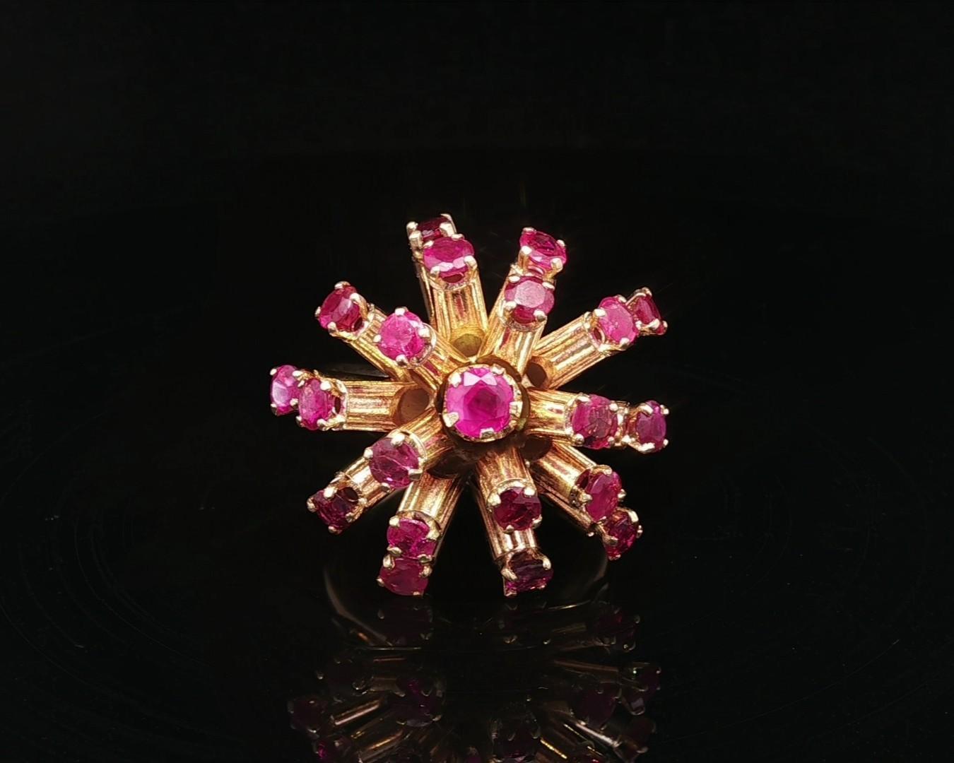 Vintage Retro Solid Yellow Gold Large 2.40ctw Round Ruby Sputnik Domed Ring For Sale 8