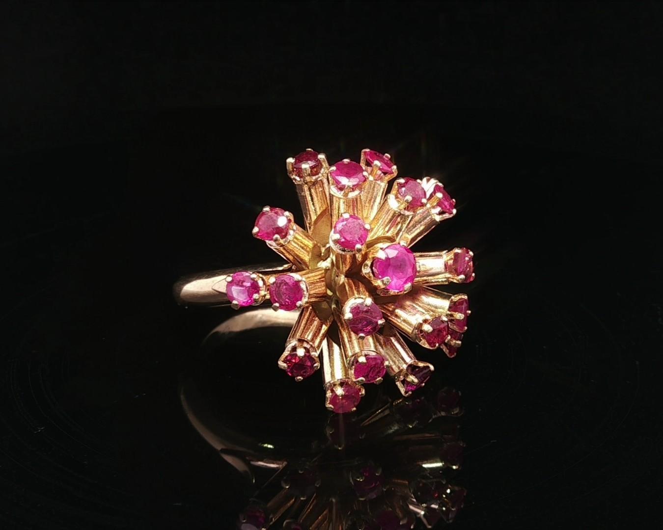 Vintage Retro Solid Yellow Gold Large 2.40ctw Round Ruby Sputnik Domed Ring For Sale 9