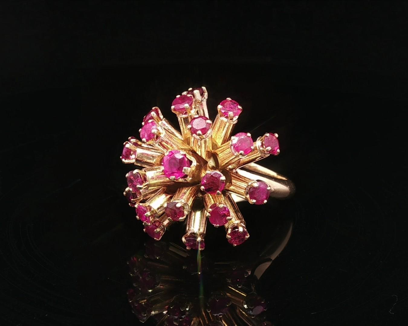 Vintage Retro Solid Yellow Gold Large 2.40ctw Round Ruby Sputnik Domed Ring For Sale 10