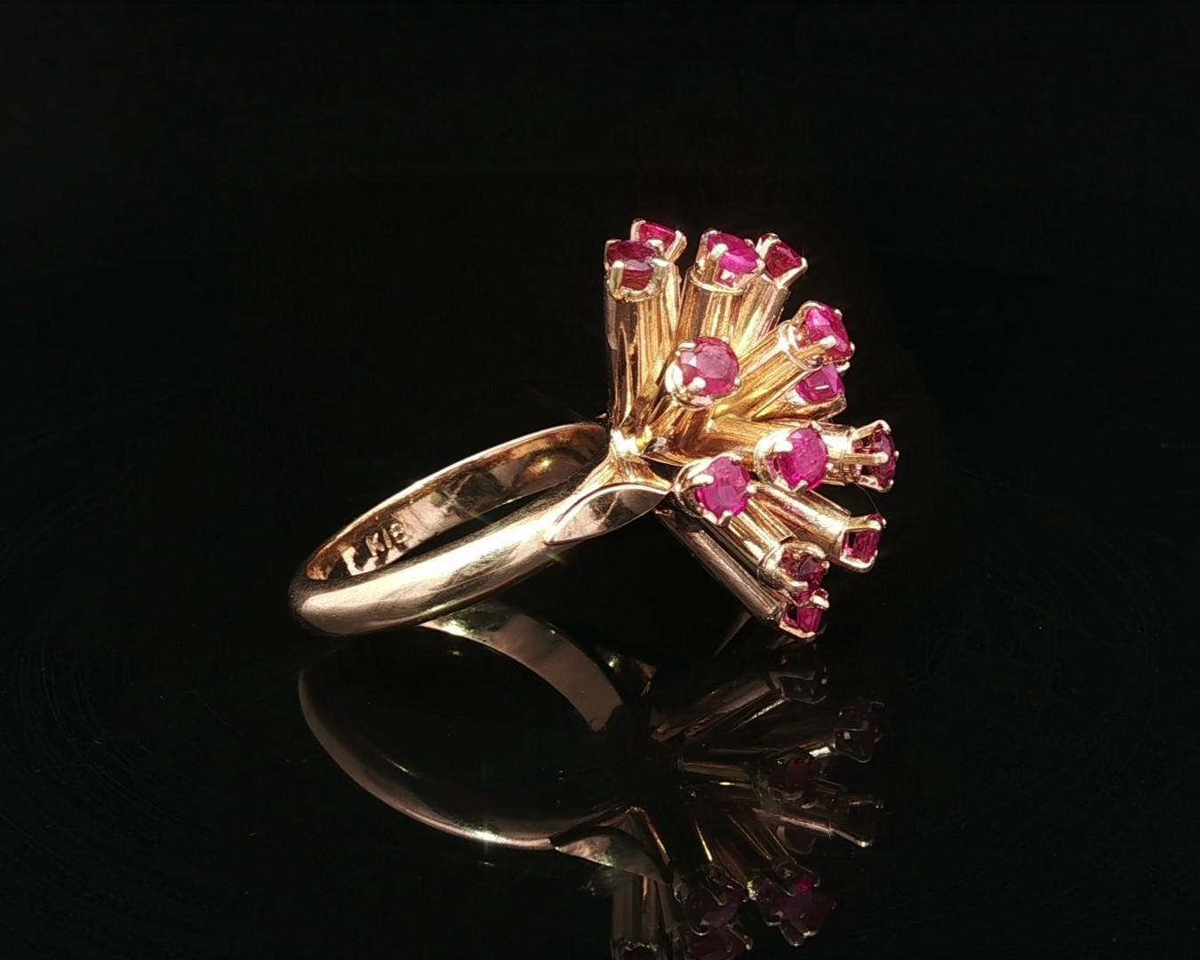 Vintage Retro Solid Yellow Gold Large 2.40ctw Round Ruby Sputnik Domed Ring For Sale 12