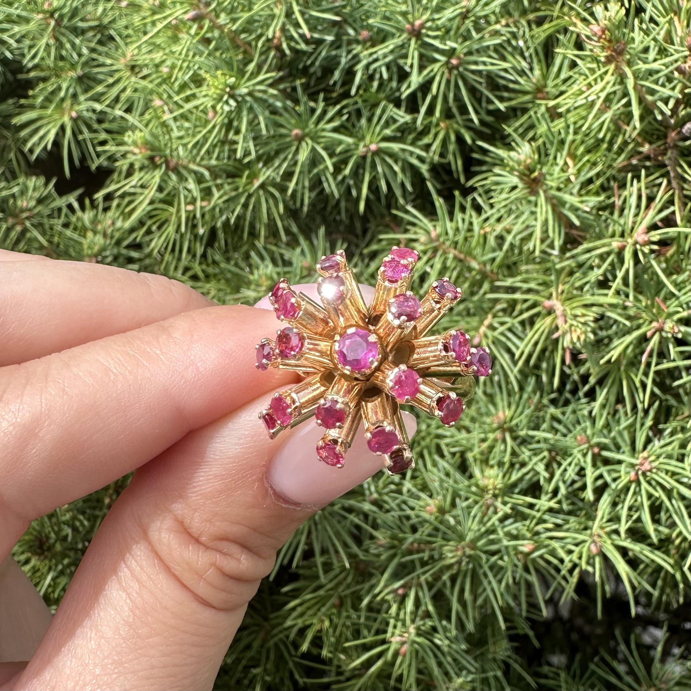 --Stone(s):--
(21) Natural Genuine Rubies - Round Brilliant Cut - Prong Set - Natural Variation in color - Red Color - 2.40ctw (approx.)

Material: Solid 18k Yellow Gold 
Weight: 11.68 Grams
Ring Size: 6.0 (Fitted on a finger. We can custom size